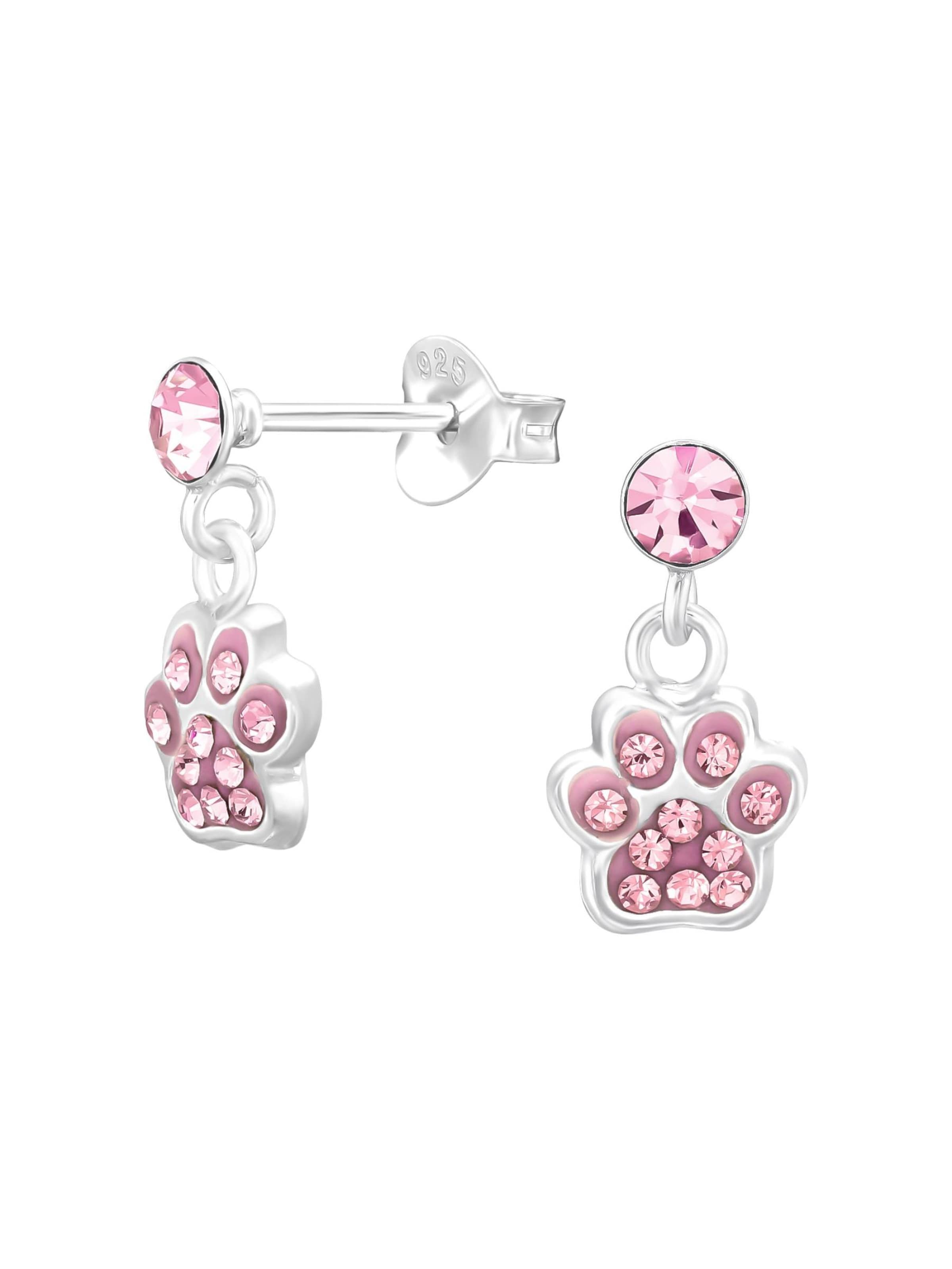 Maxte Jewelry 'Kinder Silber Ohrstecker mit Baumelnder Pfote und Kristall' in Pink: front