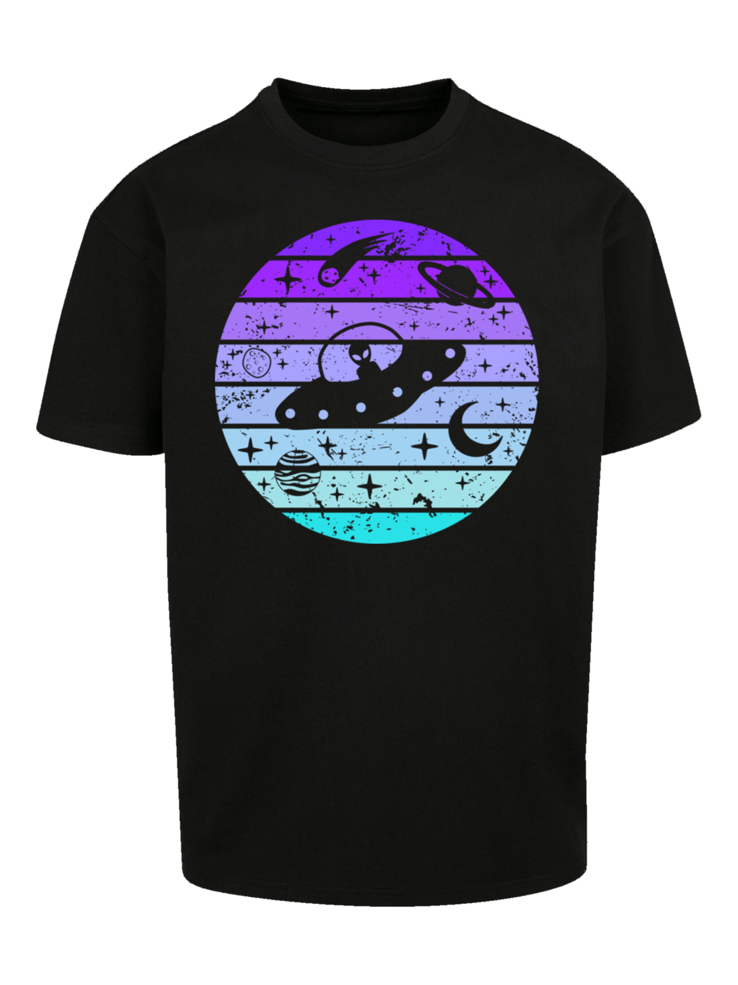 F4NT4STIC T-Shirt 'Retro Alien Weltraum Sonnenuntergang' in Schwarz: Vorderseite