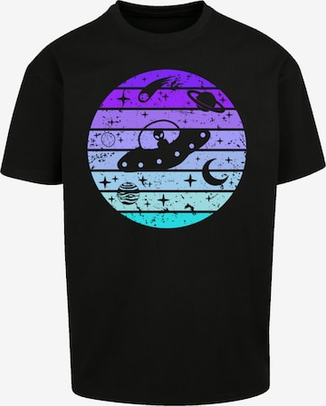 F4NT4STIC T-Shirt 'Retro Alien Weltraum Sonnenuntergang' in Schwarz: Vorderseite