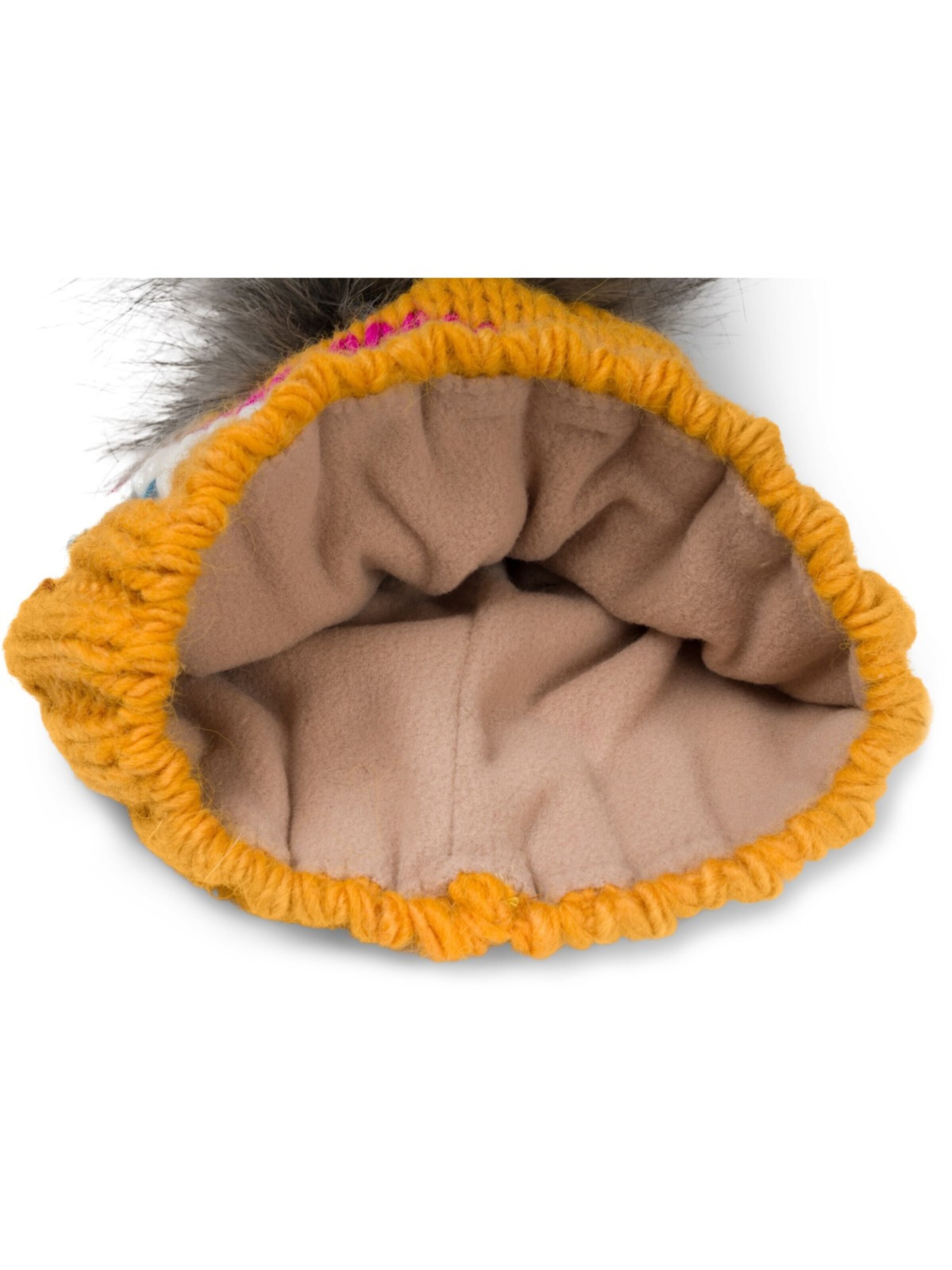 styleBREAKER Beanie 'Kinder Strick Bommelmütze Herzmuster' in Yellow