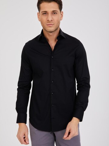 Slim fit Camicia business 'Firenze Satin Man Shirt Black' di 7Camicie in nero: frontale