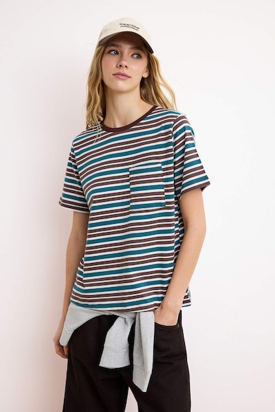 Trendyol T-shirt en XS en bleu foncé / brun foncé / blanc, Vue avec produit
