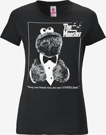 LOGOSHIRT Shirt 'Sesamstrasse - Krümelmonster Pate' in Zwart: voorkant