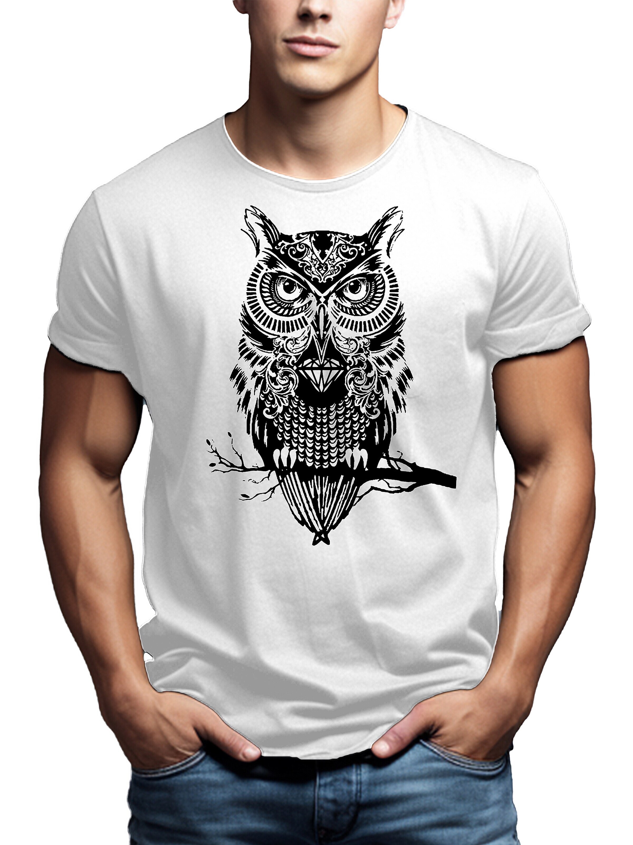 MAKAYA Shirt 'Eule auf Ast' in White