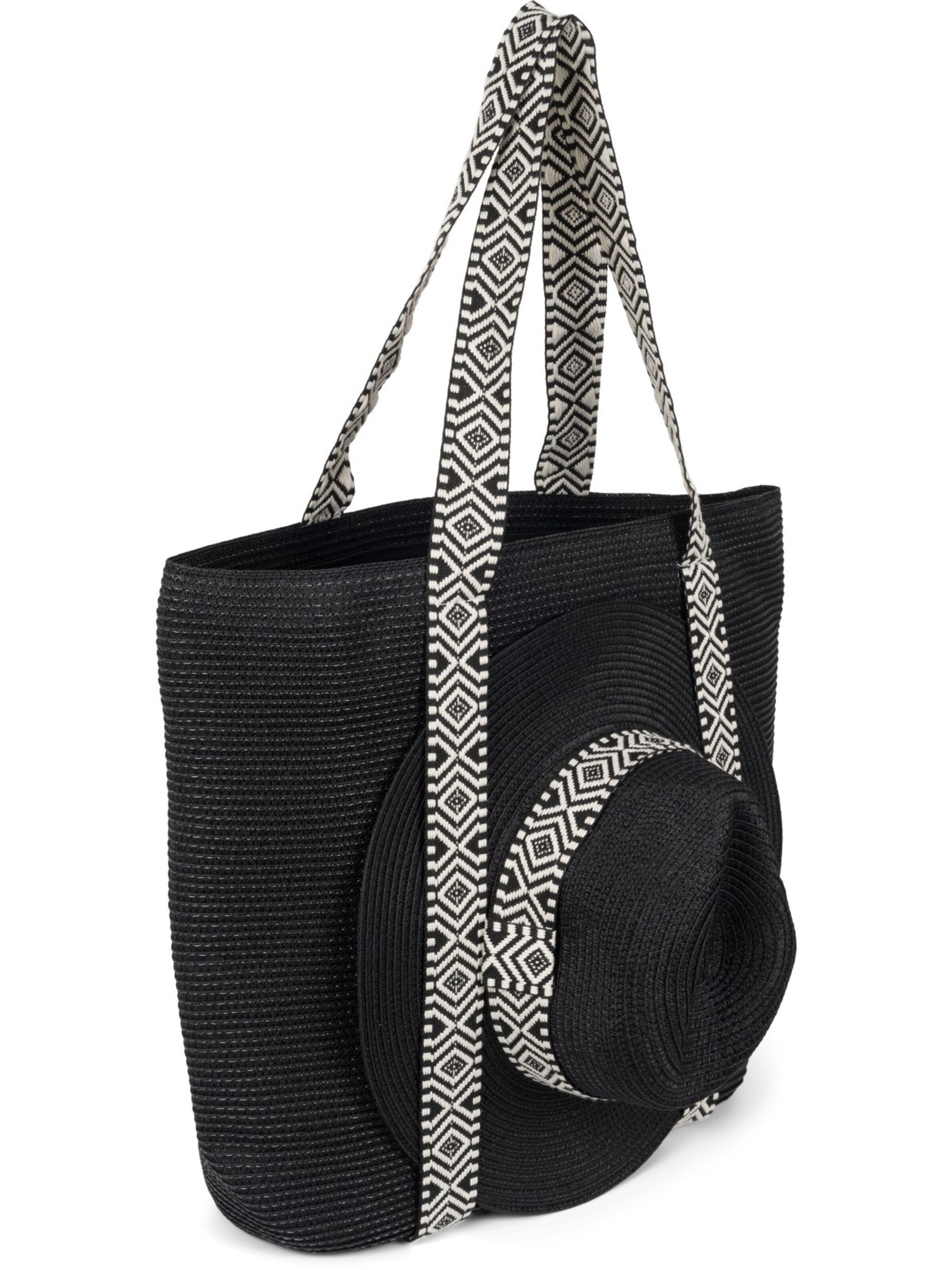 styleBREAKER Beach bag 'Papierstroh Strandtasche Azteken Muster' in Black