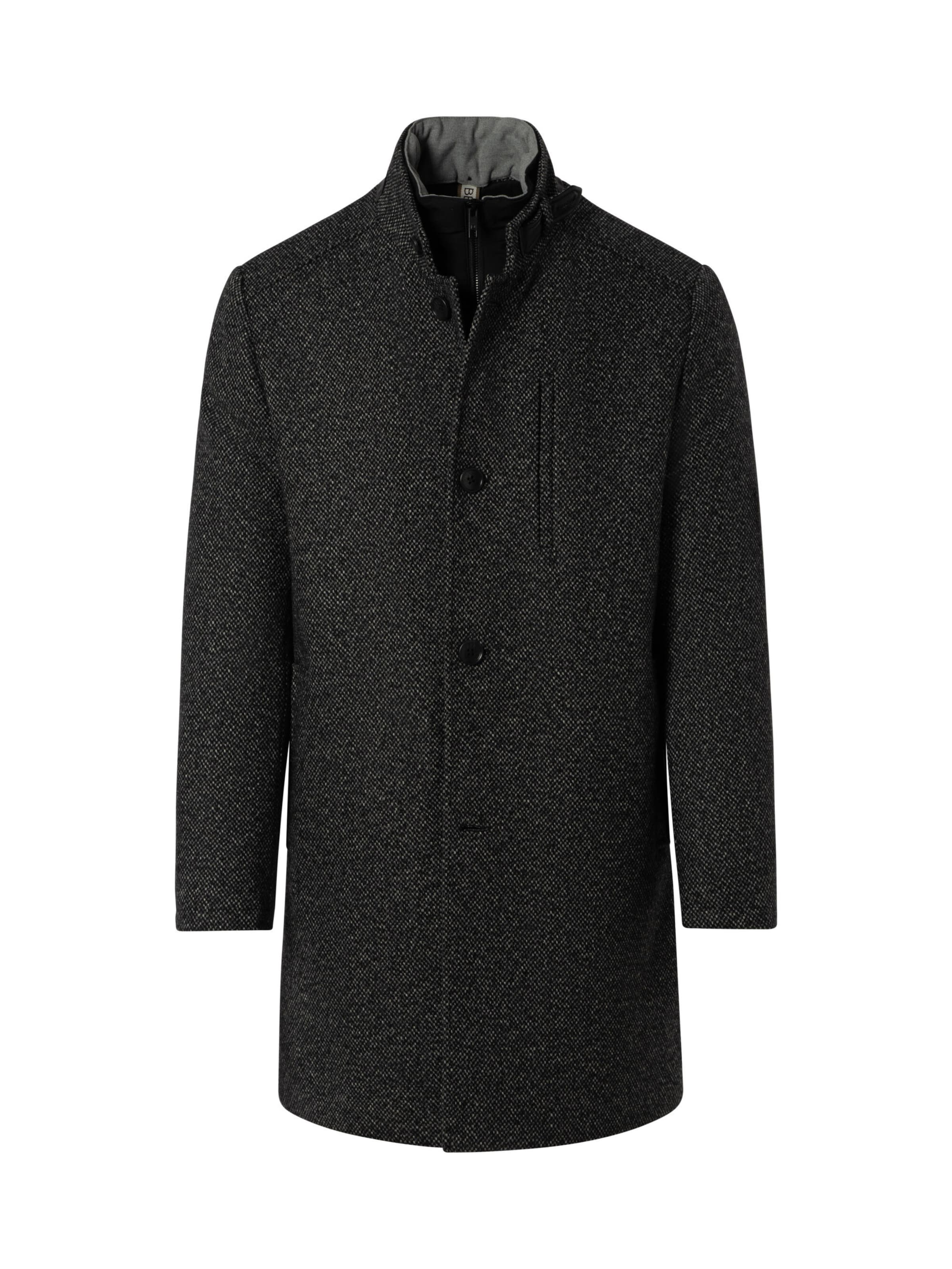 BENVENUTO Mantel 'GILMAN', Model ist 185 cm groß und trägt Größe 50, abnehmbarer Westeneinsatz in Grau: Vorderseite