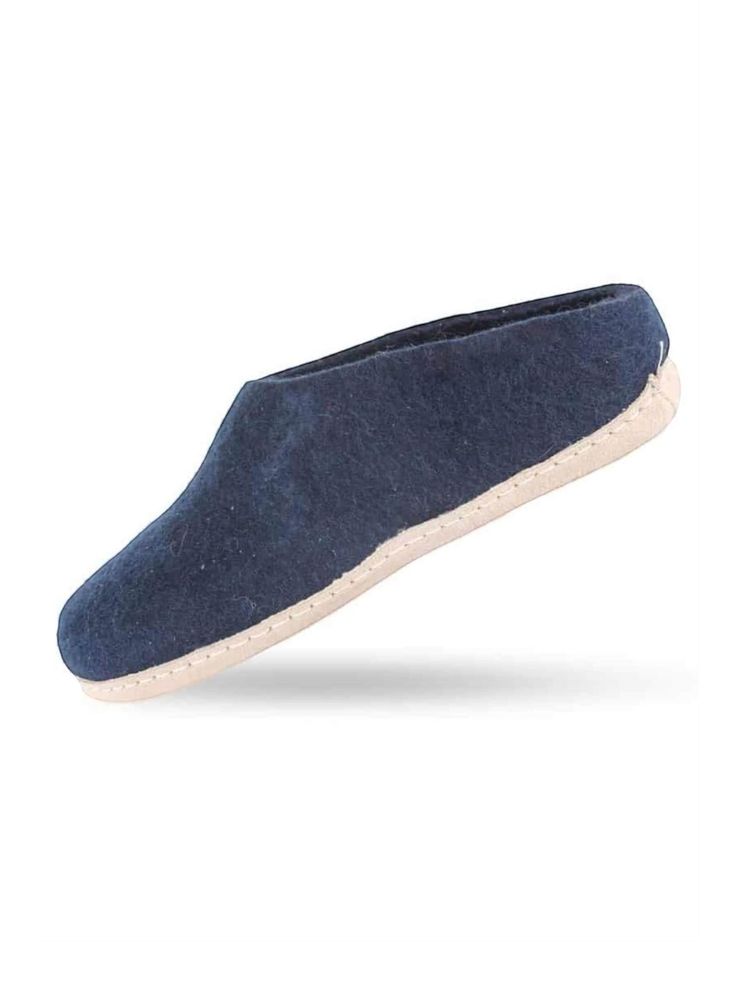 SHUS walk with nature Slip-in 'Uldtøffel (100% ren uld) - hjemmesko m/sål i skind - Dansk Design fra SHUS' i blå: framsida