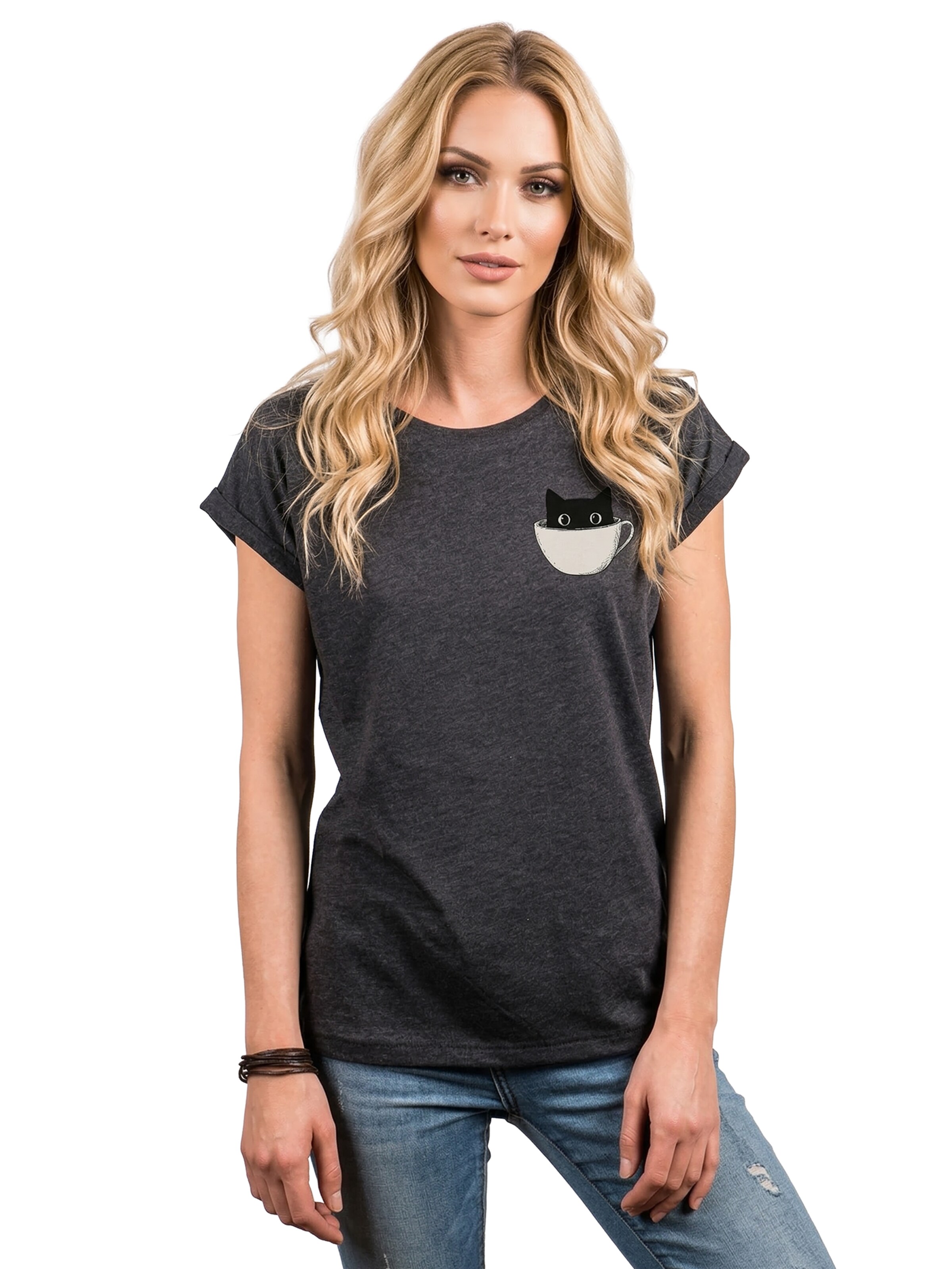MAKAYA Shirt 'Cup Cat' in Grey: front
