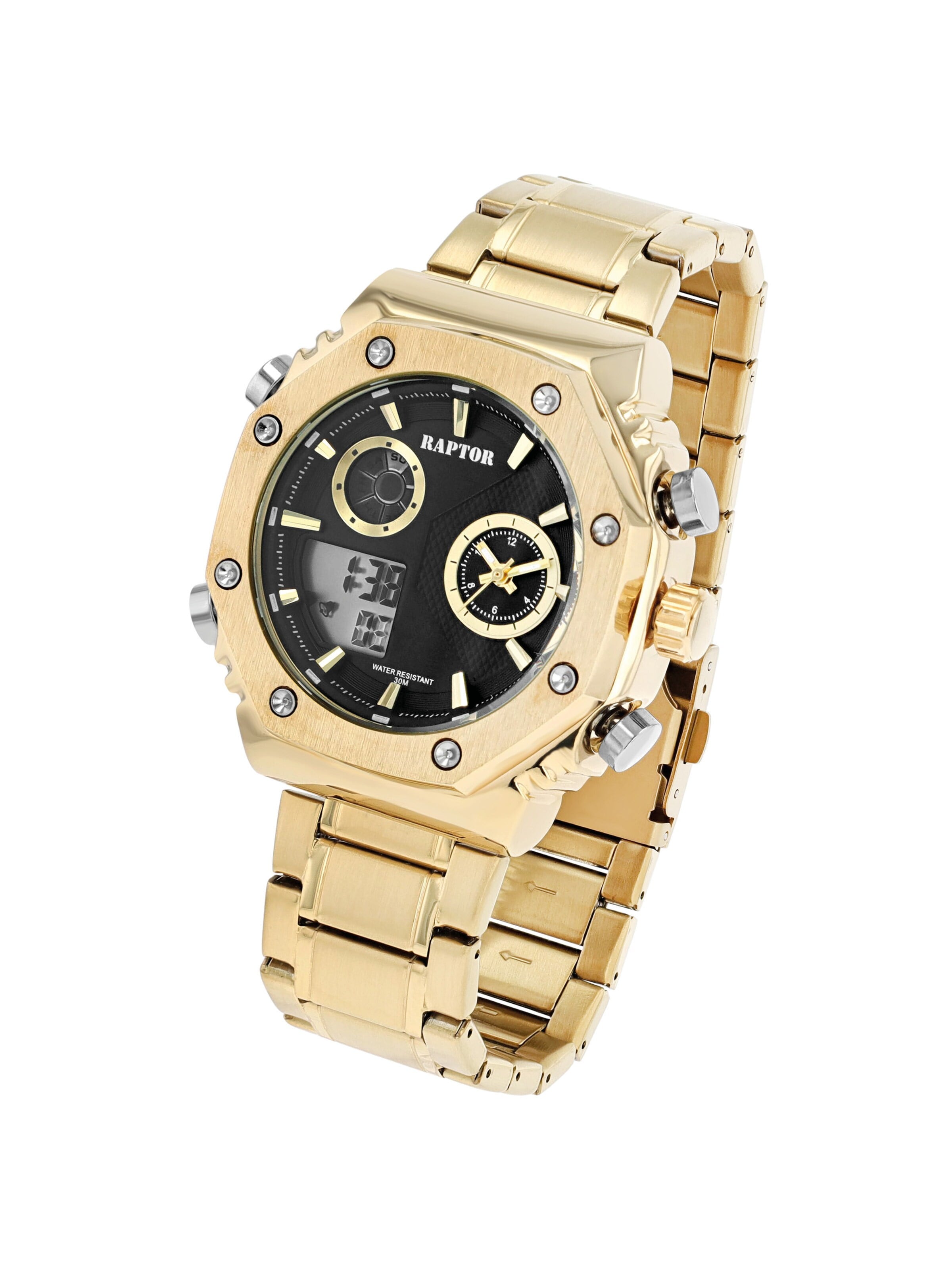 Raptor Analoguhr 'mit Dual-Time und Edelstahlarmband'‌‌‌‌ in Gold: Vorderseite