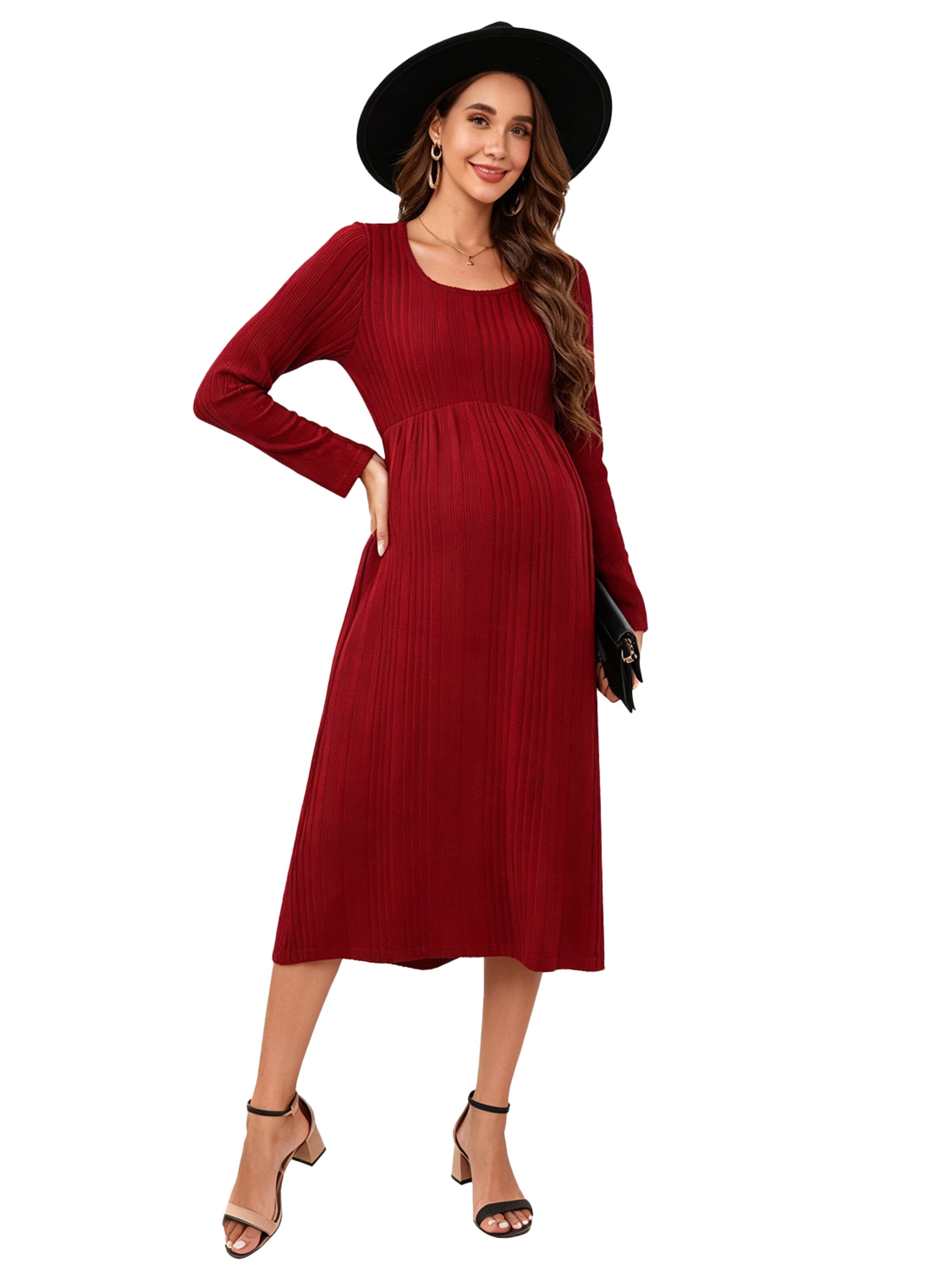 KoJooin Sukienka z dzianiny 'Damen Umstands-Strickkleid mit U-Ausschnitt,langen Ärmeln und Rüschensaum,Midi-Kleid für Babyshower' w kolorze czerwony