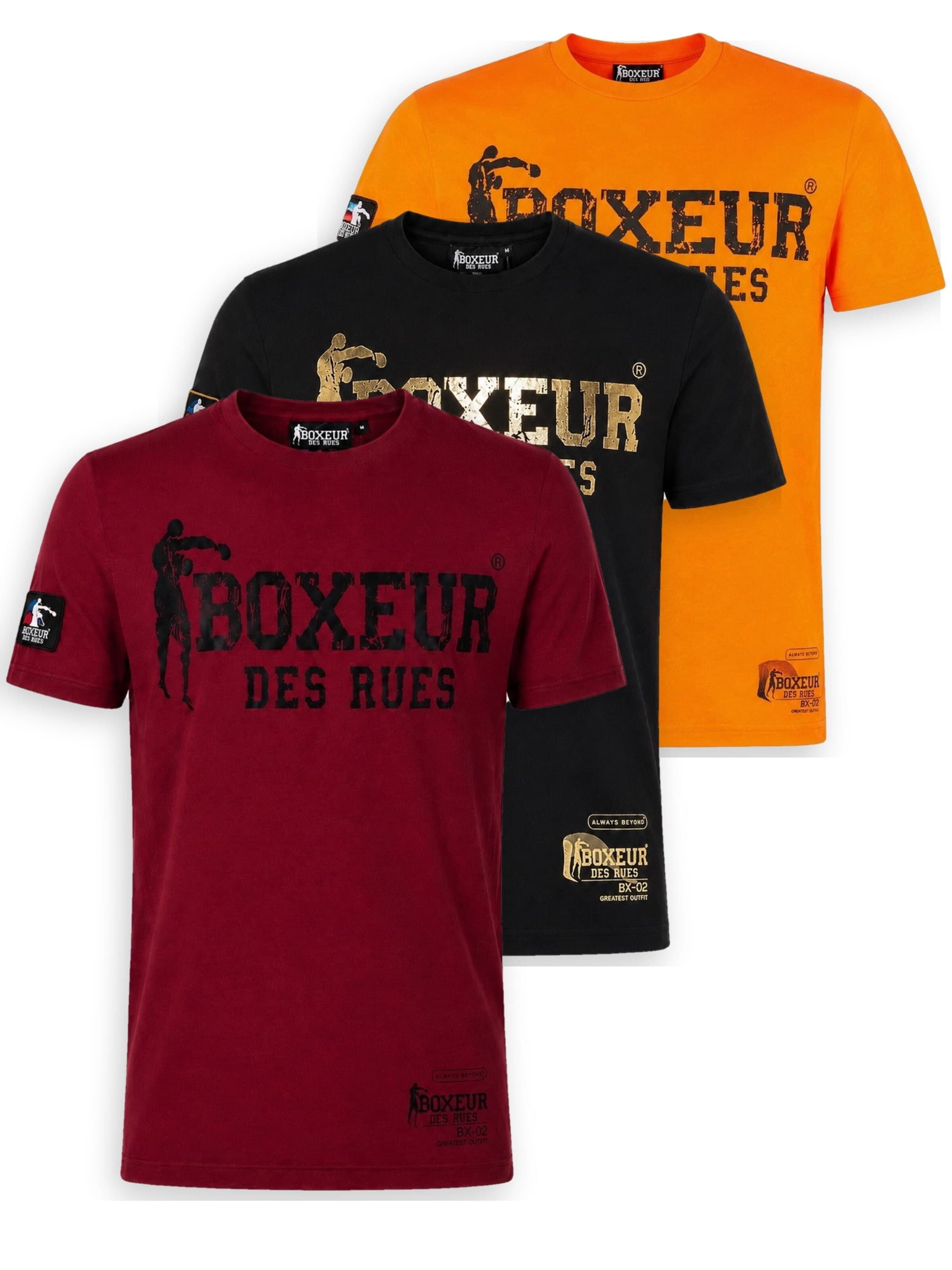 Boxeur des Rues - Camiseta 'Herren T-Shirt 3er-Pack Boxeur des Rues Slim Fit: Bordeaux + Schwarz, Goldenes Logo + Orange, Schwarzes Logo' en Mezcla de colores: frente