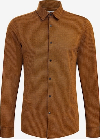 WE Fashion Slim fit Button Up Shirt in Brown: front