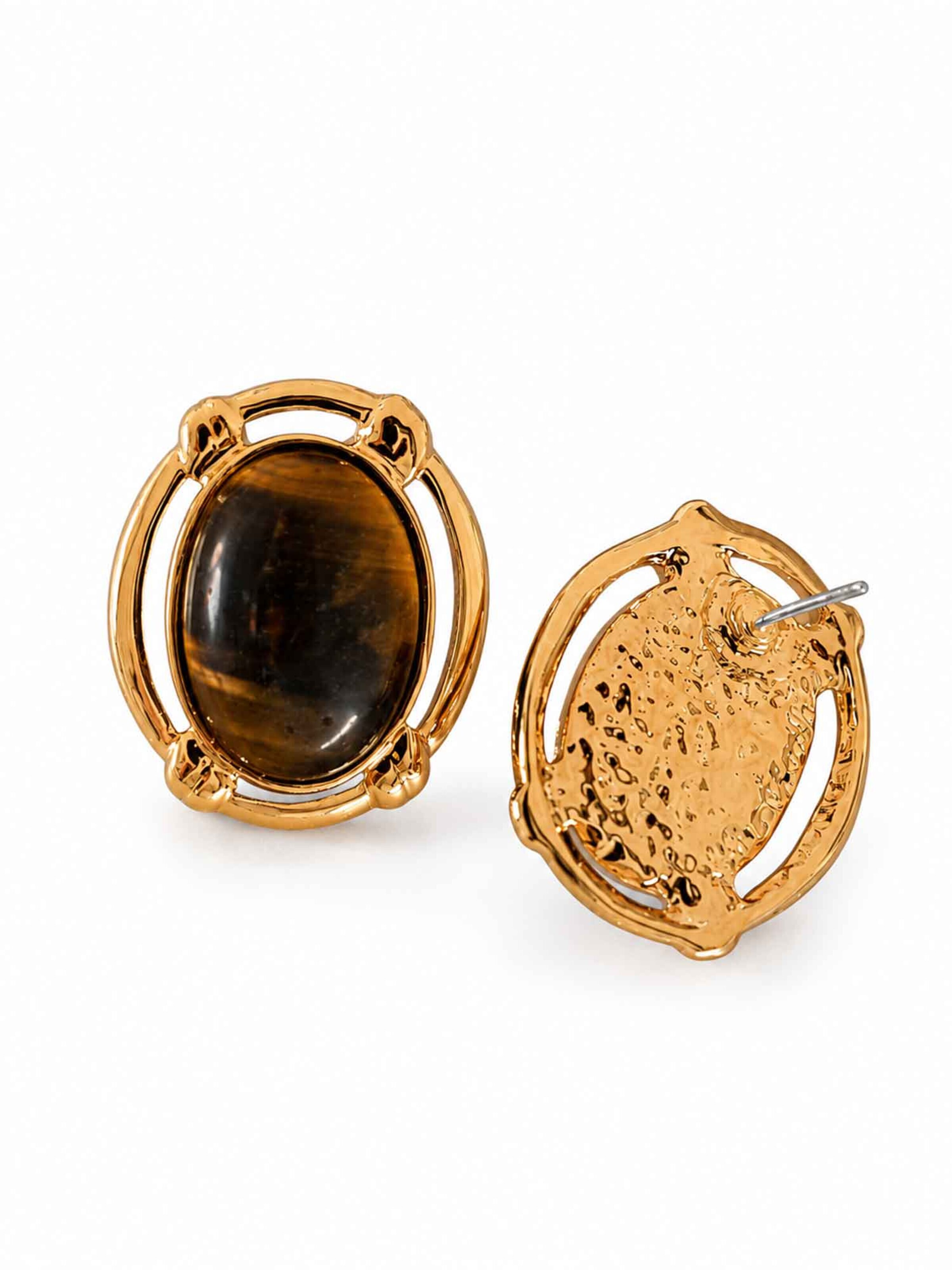 RteRme - Brincos 'Vintage-Inspired Tiger Eye Stone Gold Stud Earrings' em ouro