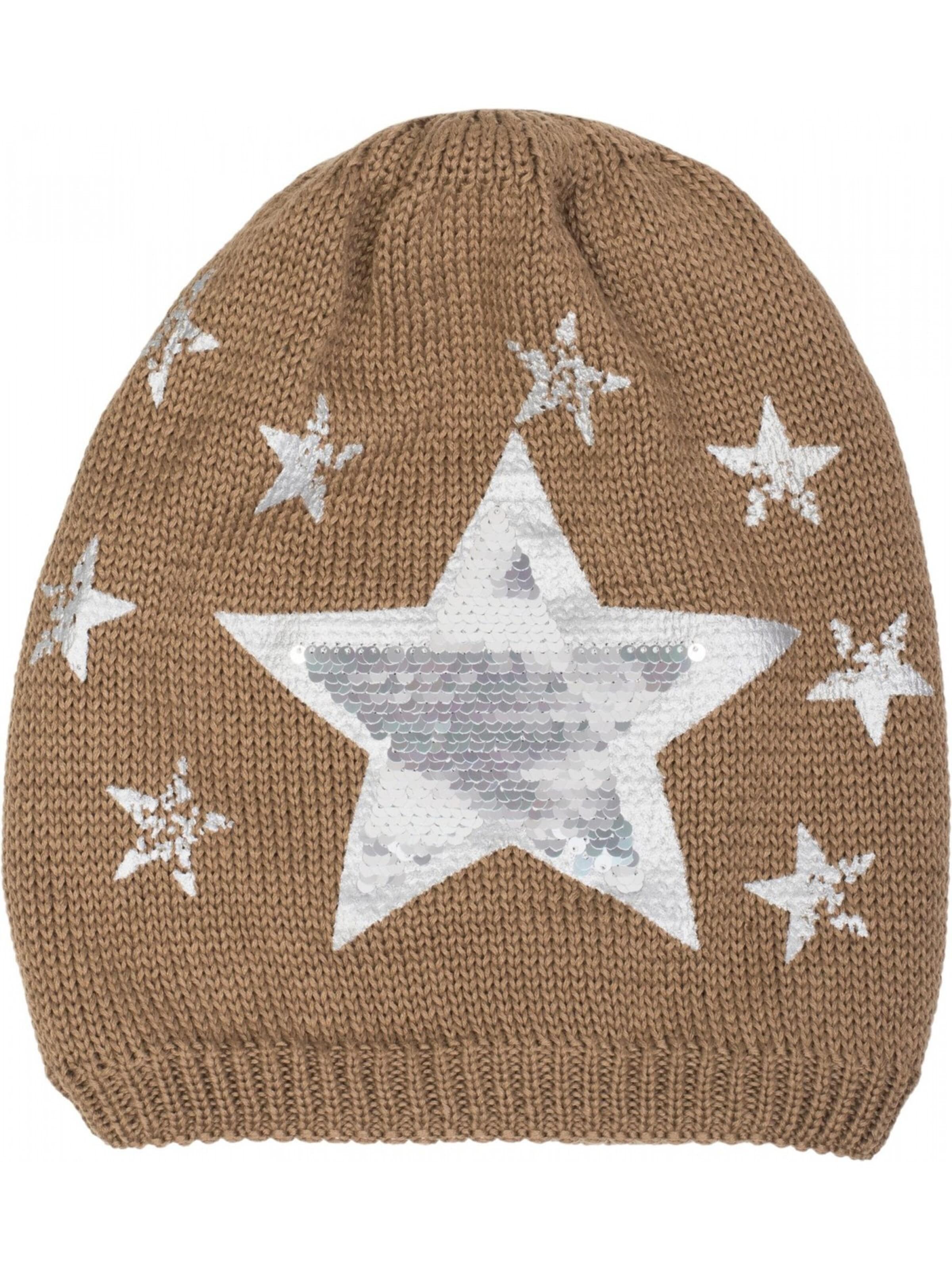 styleBREAKER Mütze 'Strick Beanie mit Pailletten Stern Print'‌‌‌‌‌‌‌‌‌‌ in Braun