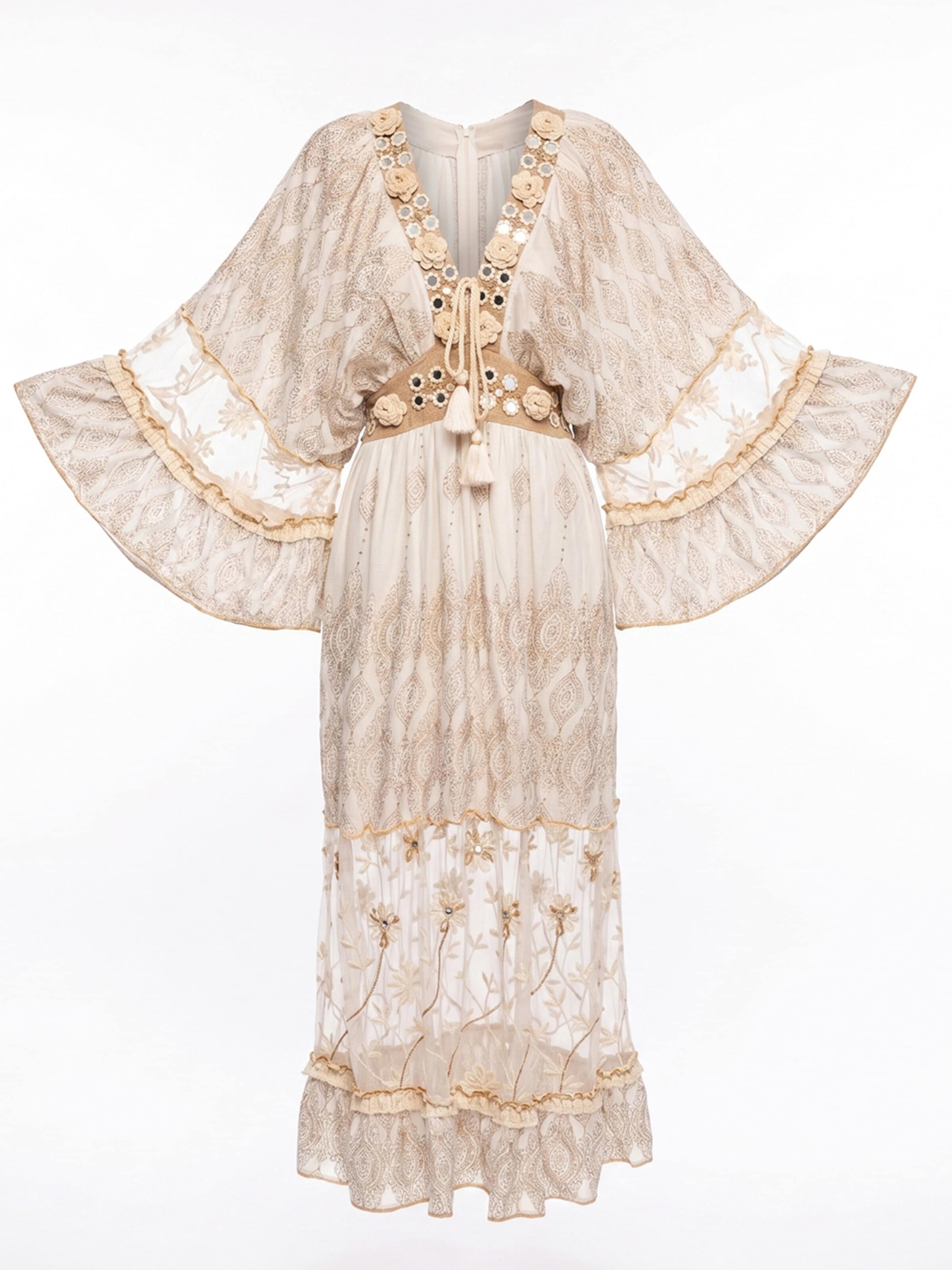 Tantra Summer Dress 'Vestido largo block print con encaje y bordados y mangas' in Beige: front