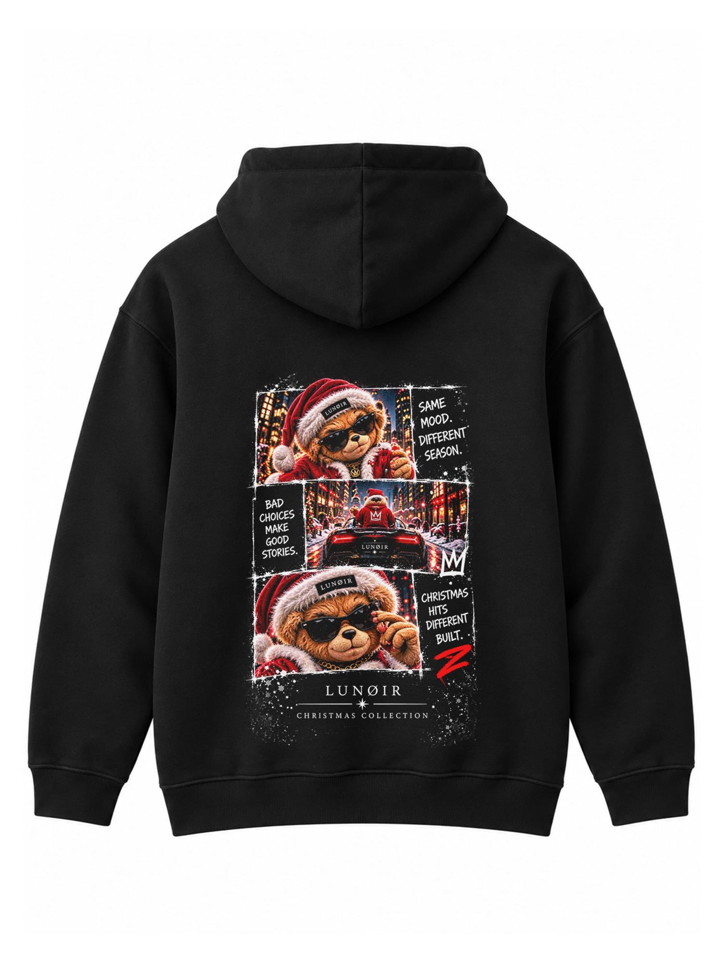 LUNØIR StudioSweater majica 'Christmas Rebel Teddy' - crna boja: prednji dio