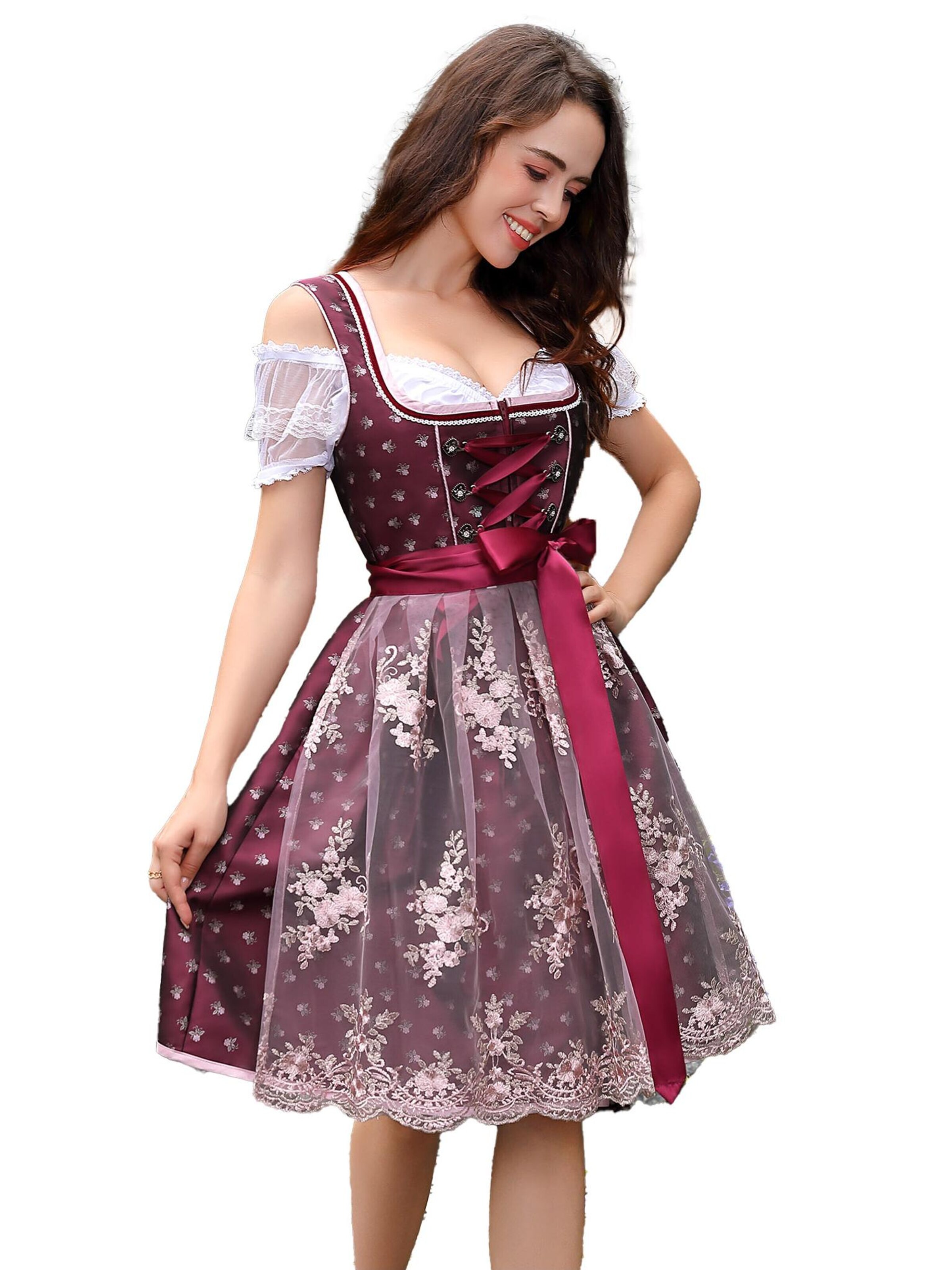 KoJooin Dirndl 'Damen Dirndl 3-teiliges Set,Blumenmuster Jacquard Spitzen Schürze Kleid, Bayerisches Oktoberfest' w kolorze czerwony