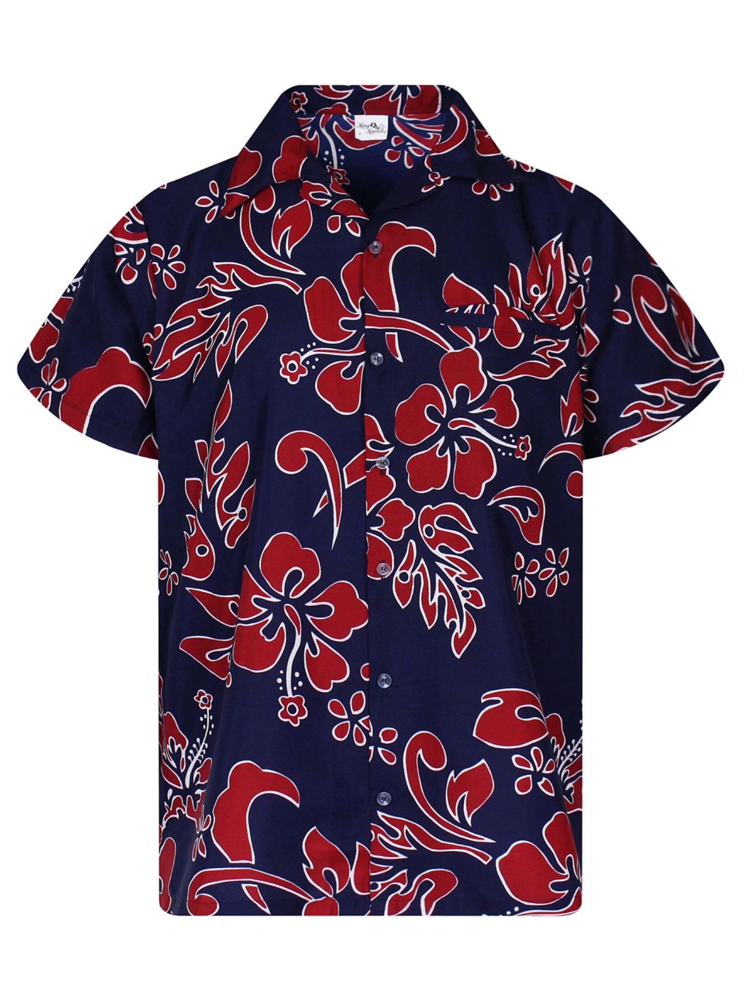 King Kameha Shirt 'Hibiscus Blue Line'‌‌‌‌‌ in Rot: Vorderseite