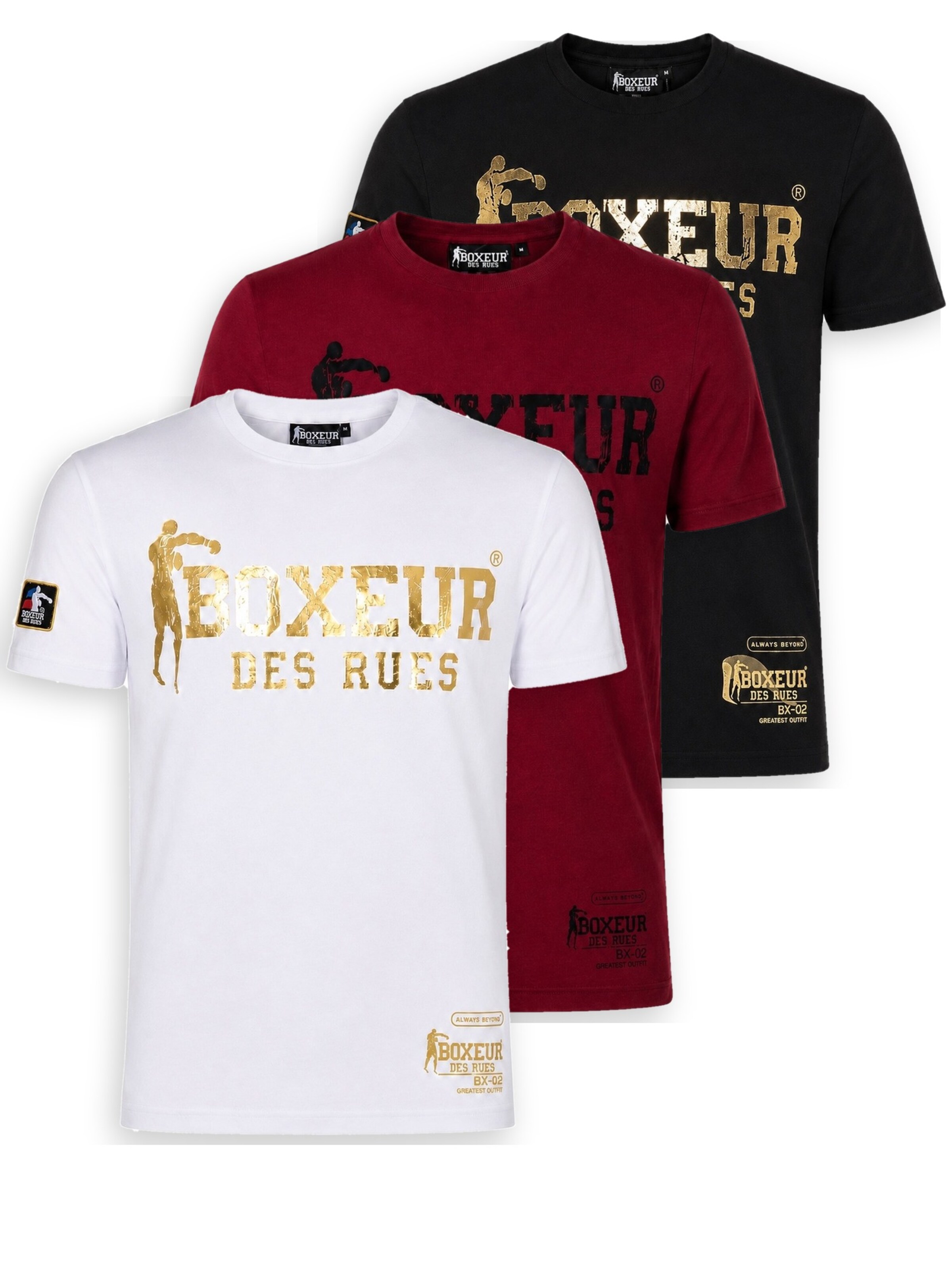 Boxeur des Rues Shirt 'Herren T-Shirt 3er-Pack Boxeur des Rues Slim Fit: Weiß, Goldenes Logo + Bordeaux + Schwarz, Goldenes Logo' in Gemengde kleuren: voorkant