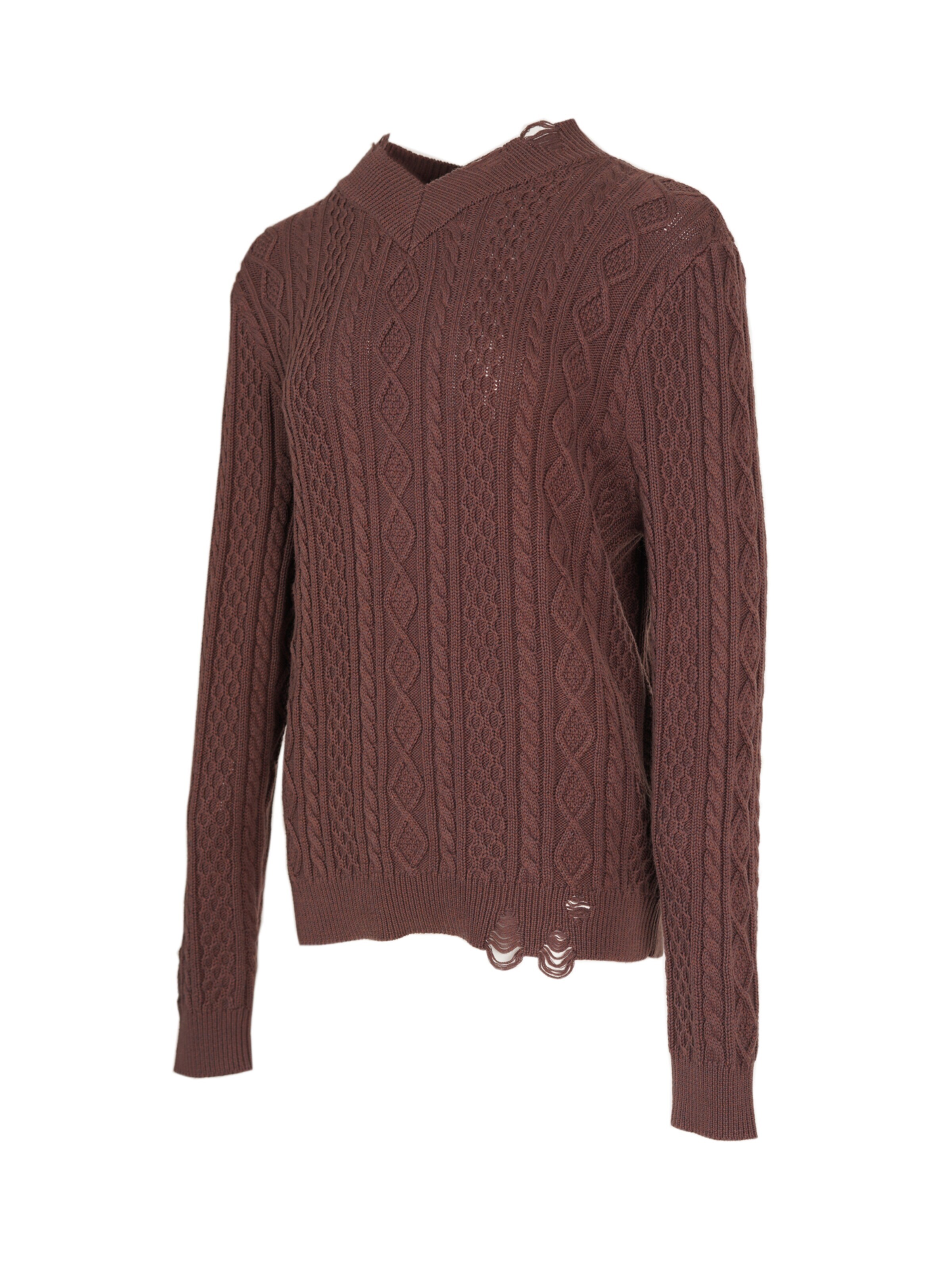 Pull-over 'YOLIGEX Zopfmuster-Pullover Braun V-Ausschnitt' yoligex en marron