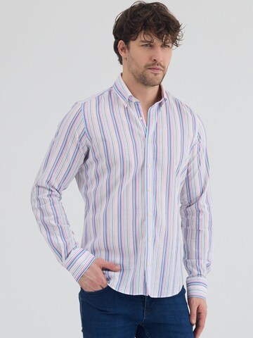 7Camicie Slim fit Zakelijk overhemd 'Leonardo Linen Man Shirt White Green' in Wit