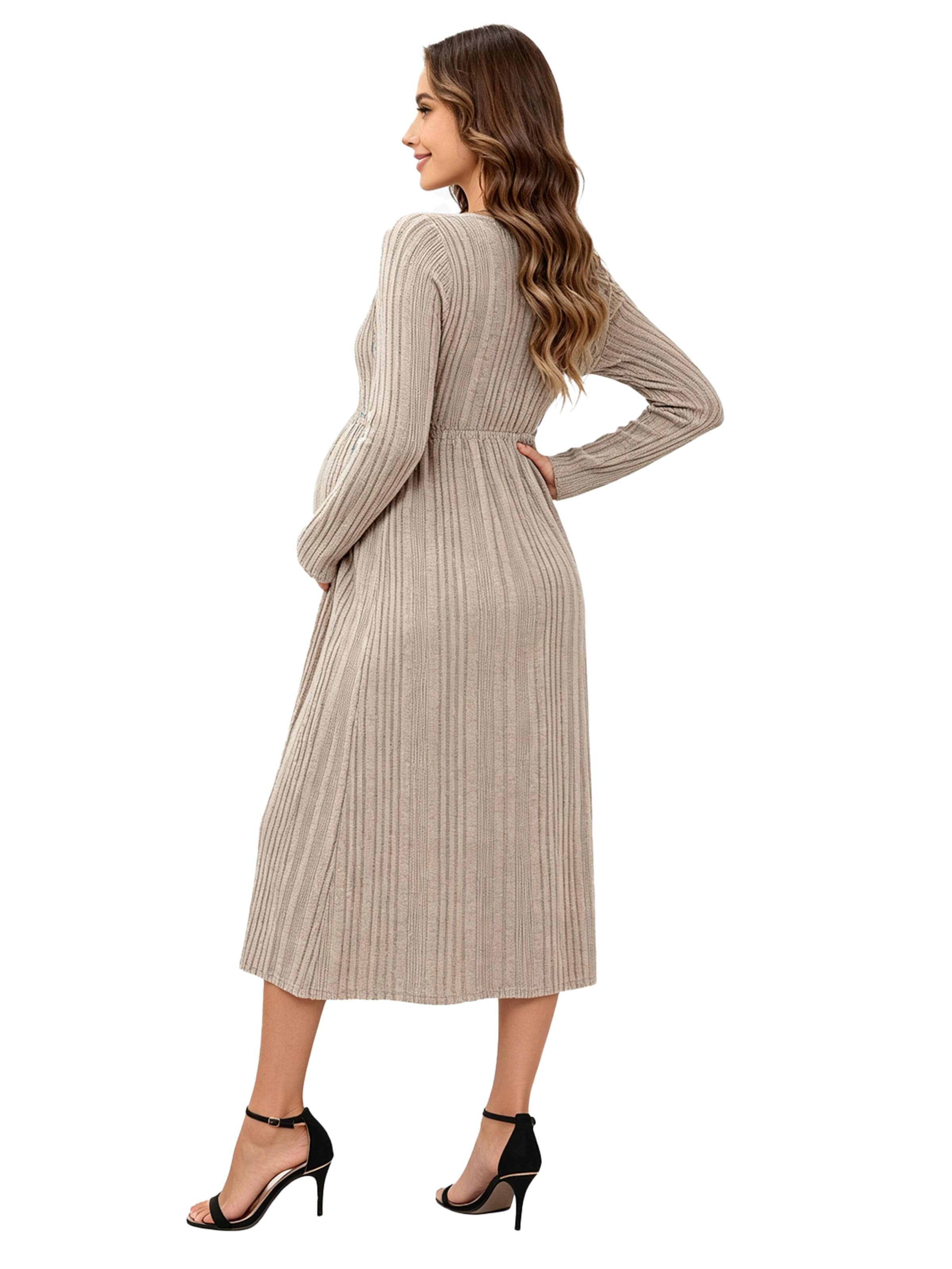 KoJooin Sukienka z dzianiny 'Damen Umstands-Strickkleid mit U-Ausschnitt,langen Ärmeln und Rüschensaum,Midi-Kleid für Babyshower' w kolorze zielony