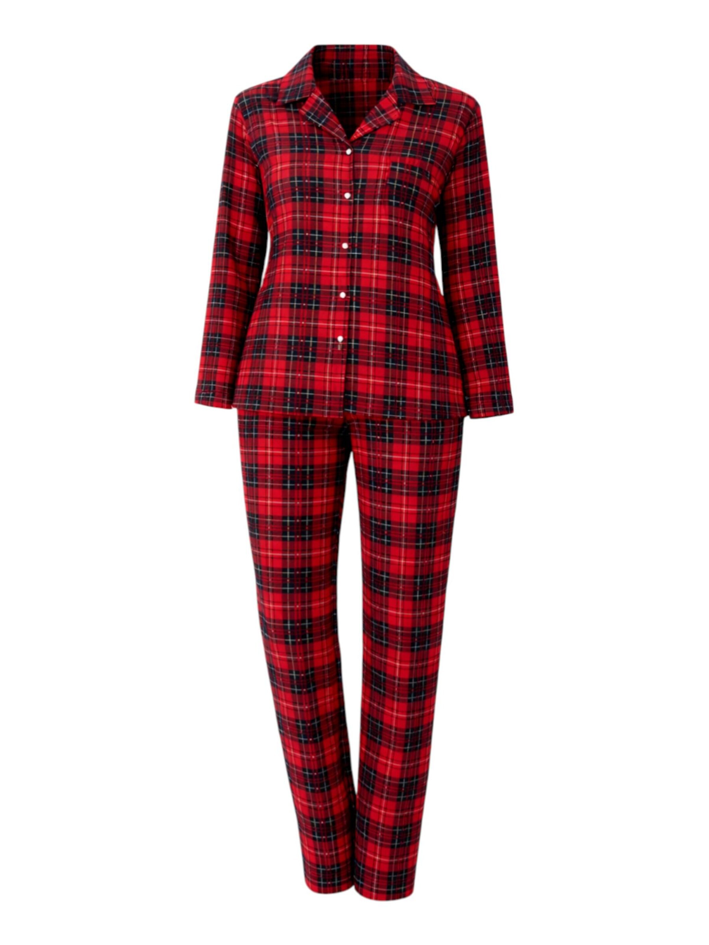 fashionshowcase - Pijama 'Pyjama Damen Schlafanzug Hausanzug Bordeaux kariert mit Knopfleiste' en rojo: frente