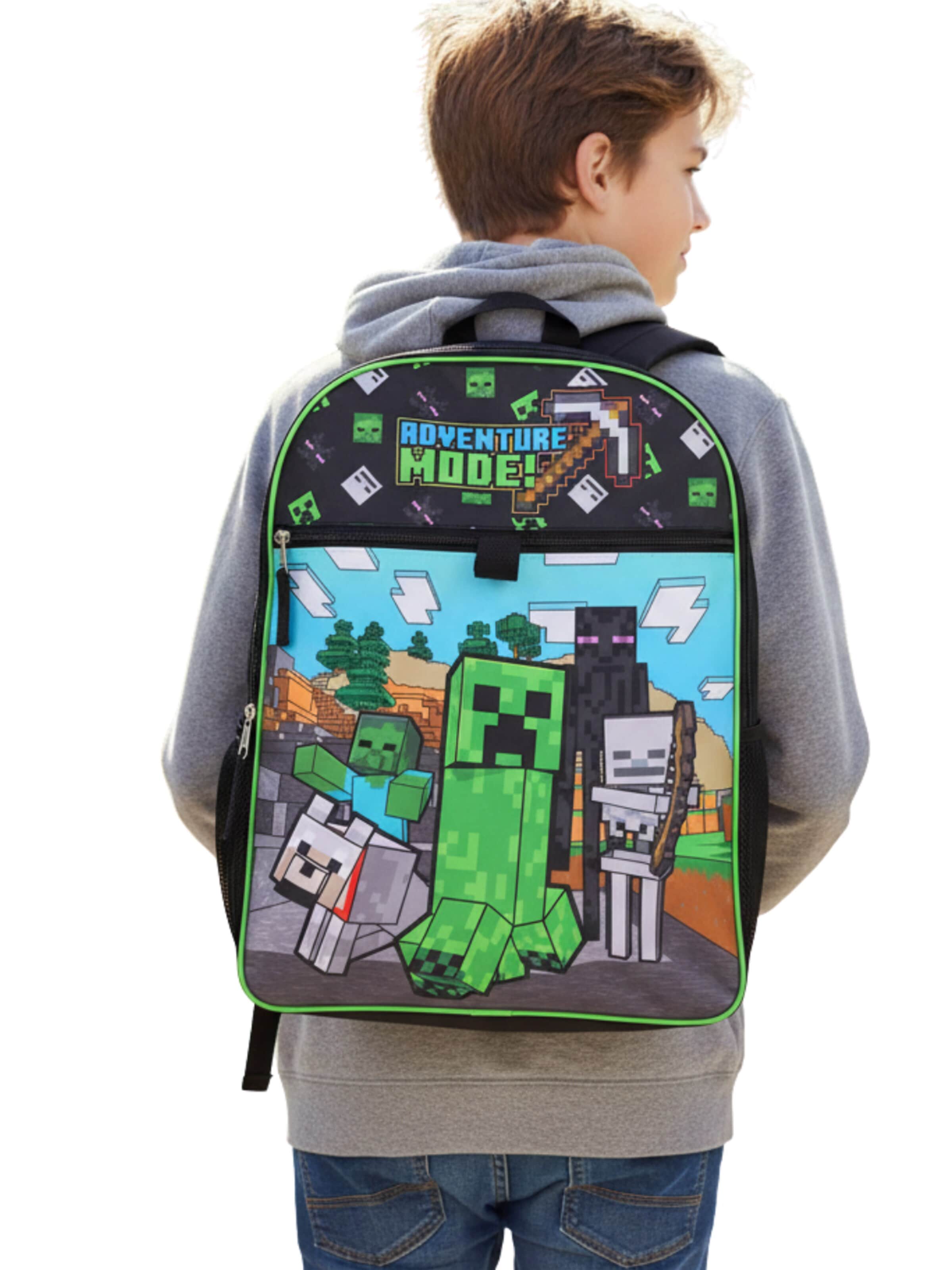 Minecraft Rugzak 'Minecraft Backpack Kids Set – Creeper – Black/Green – School Bag with Lunchbox, Pencil Case & Keychain' in Groen: voorkant