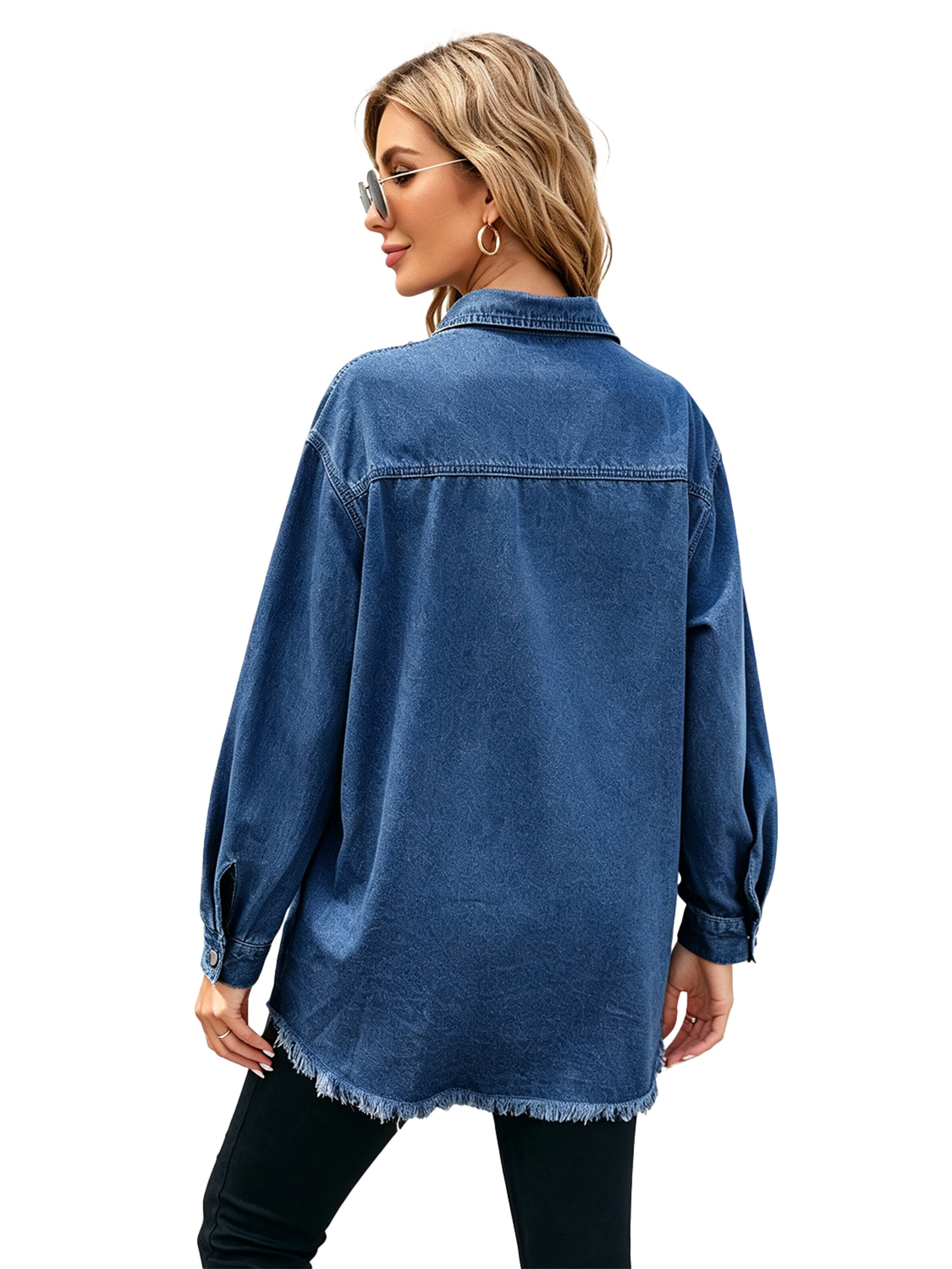 KoJooin Płaszcz letni 'Damen Übergrößen Jeansjacke mit Knopfleiste und Used-Look Trendige Denim Shacket für Herbstoutfits' w kolorze niebieski