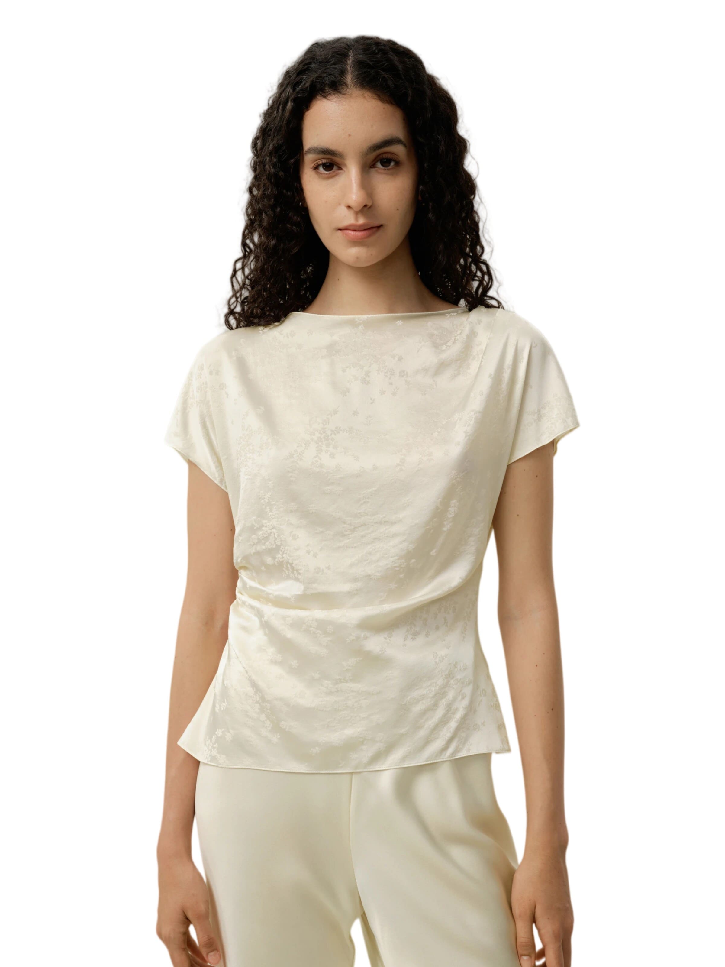 Lilysilk Blouse 'Sakura-Jacquard-Seiden-Top' in Wit