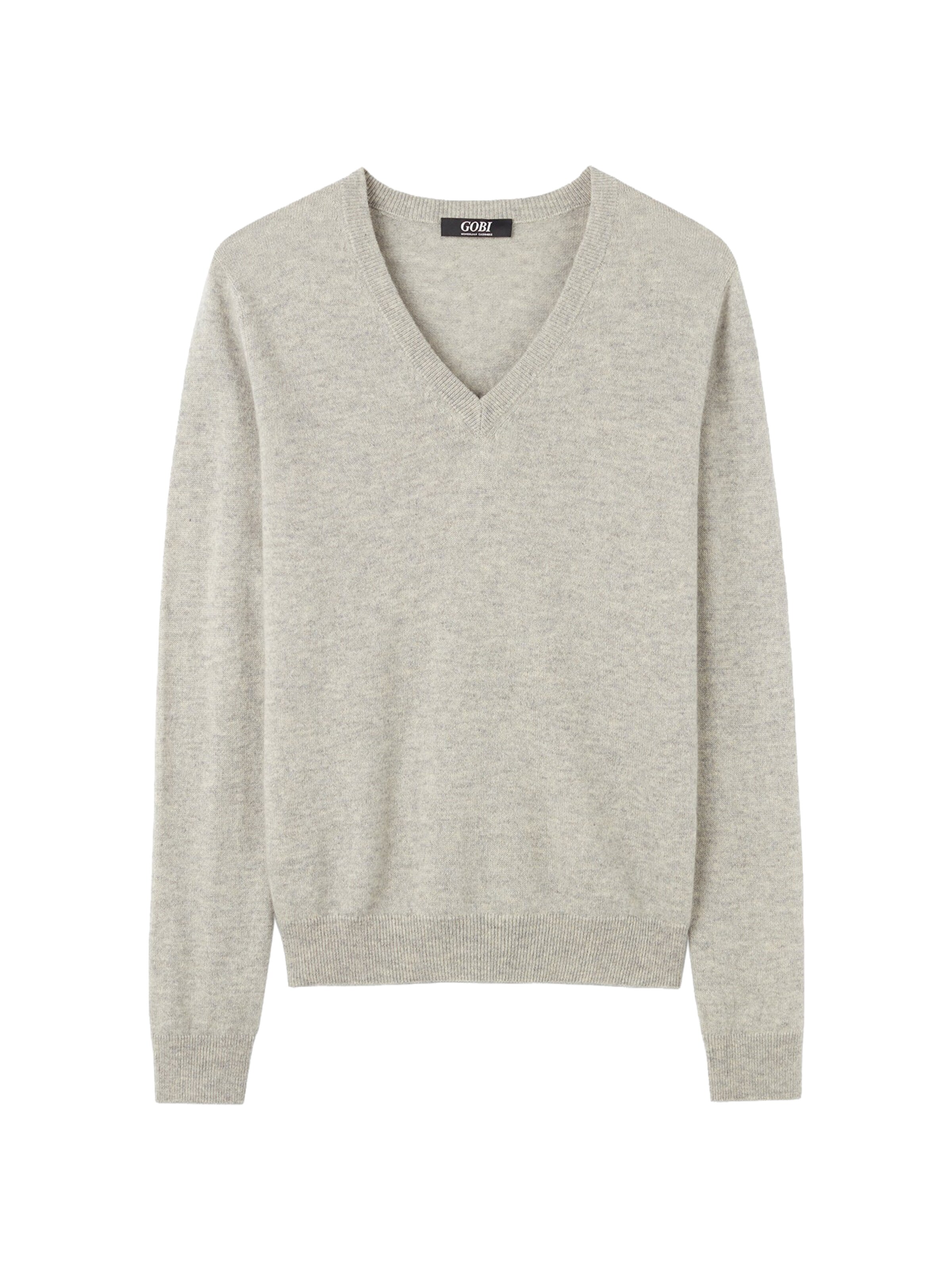 GOBI Cashmere Trui 'Women's Essential Cashmere V-Neck Sweater' in Grijs: voorkant