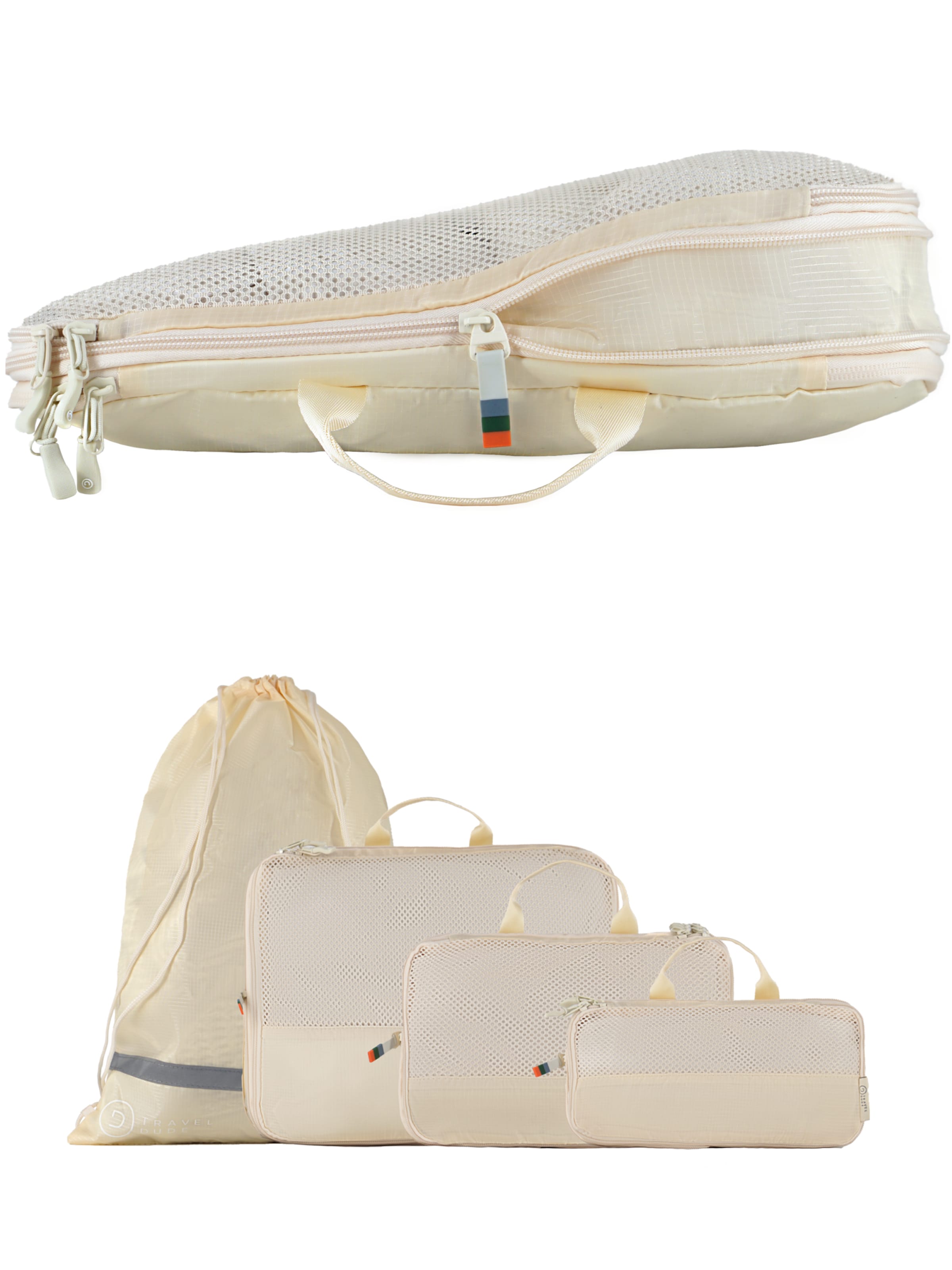 TRAVEL DUDE Travel Bag 'Packing Cubes Set 4 Teilig mit Kompression, Packwürfel, Packtaschen Set für Rucksack & Koffer' in Beige: front