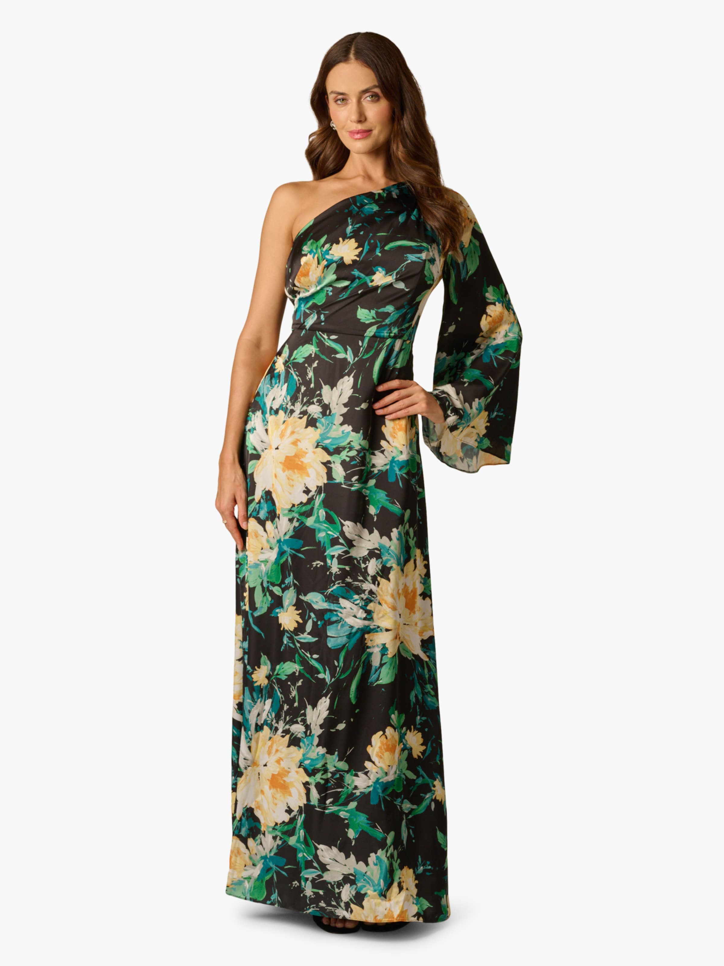 Adrianna Papell Evening dress 'One Shoulder Printed Satin Gown' in Black: front