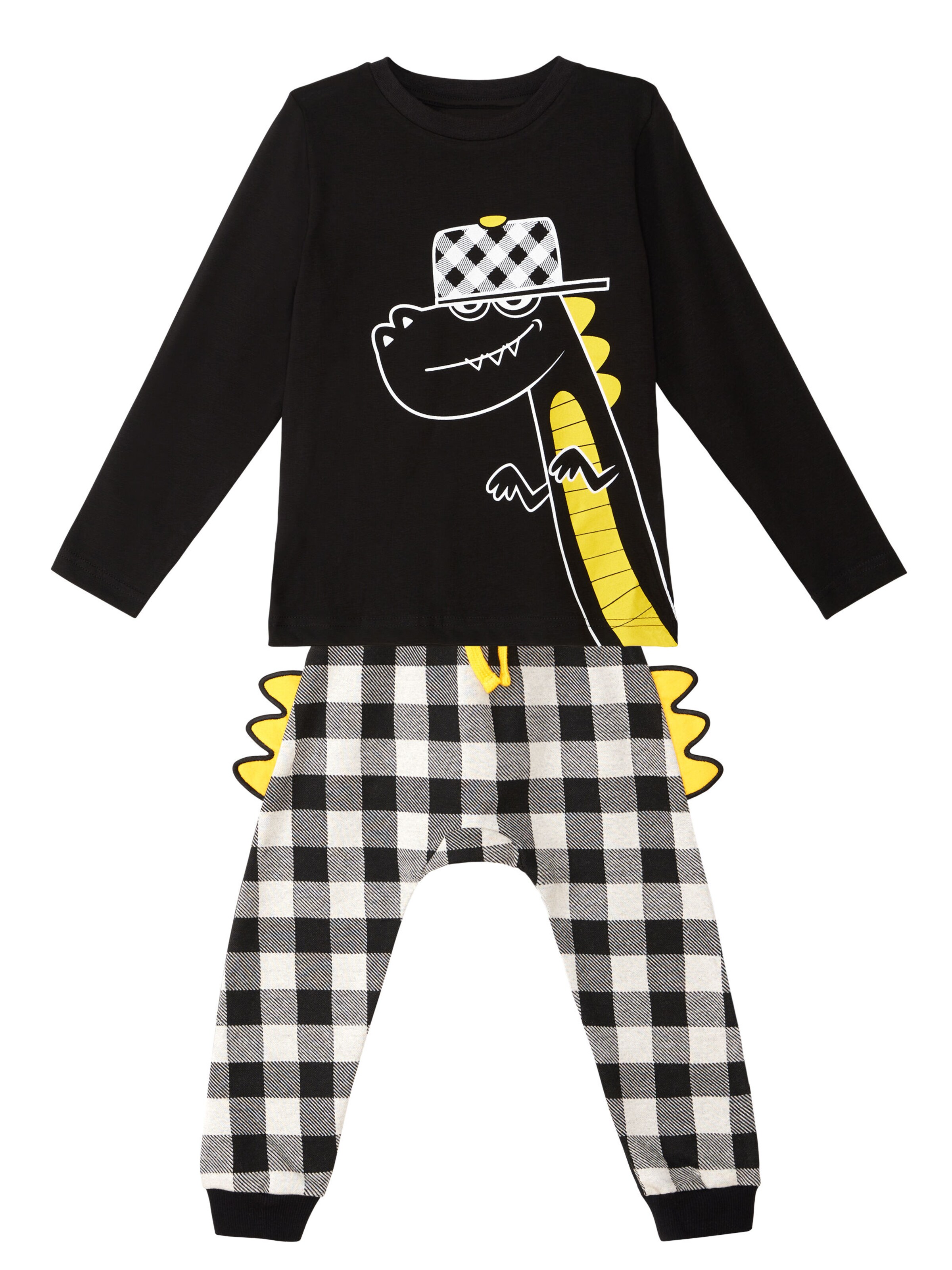 Denokids Set 'Plaid Dino' in Schwarz: Vorderseite