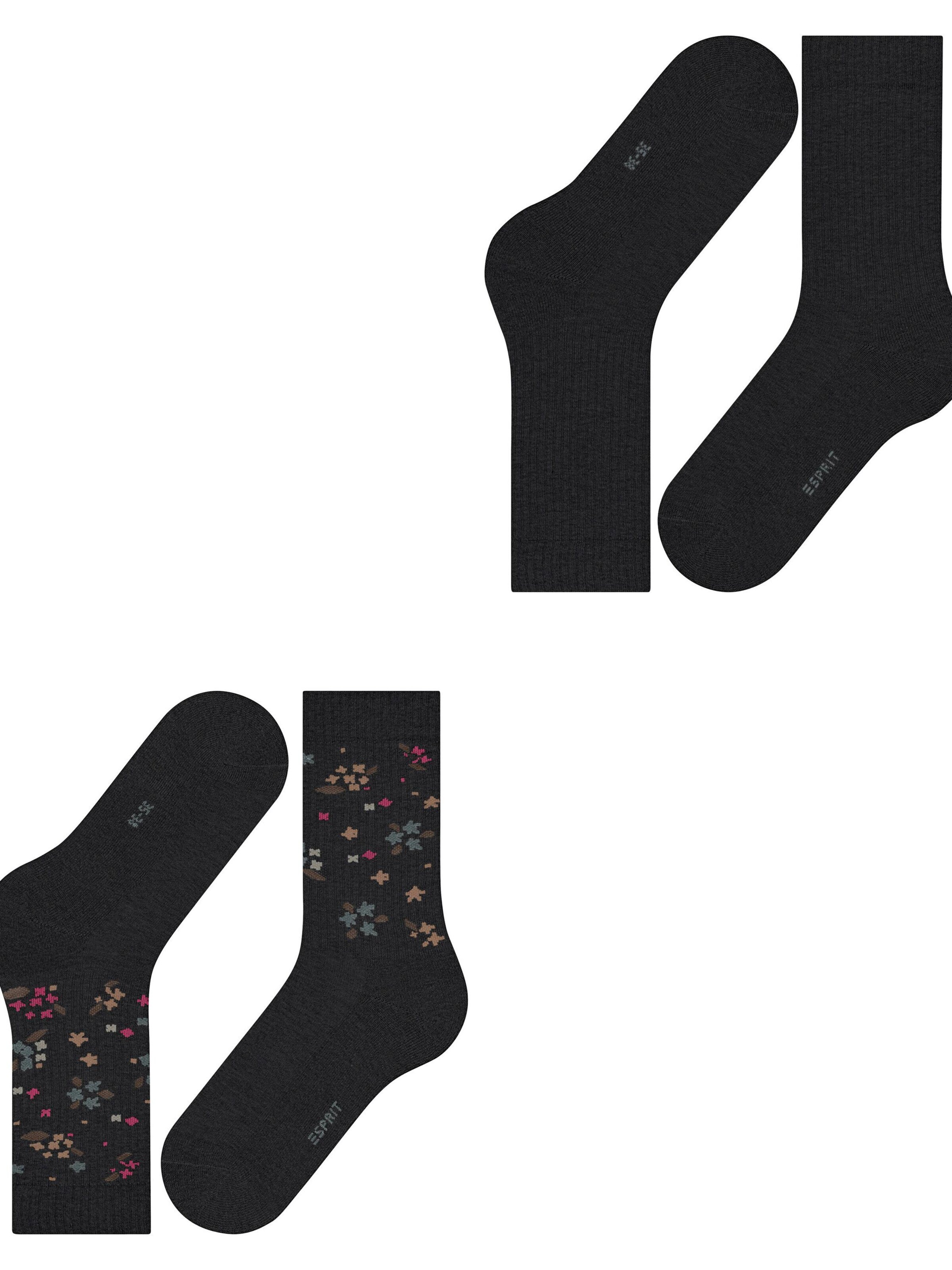 ESPRIT Socks 'Flower Rib 2-Pack' in Black