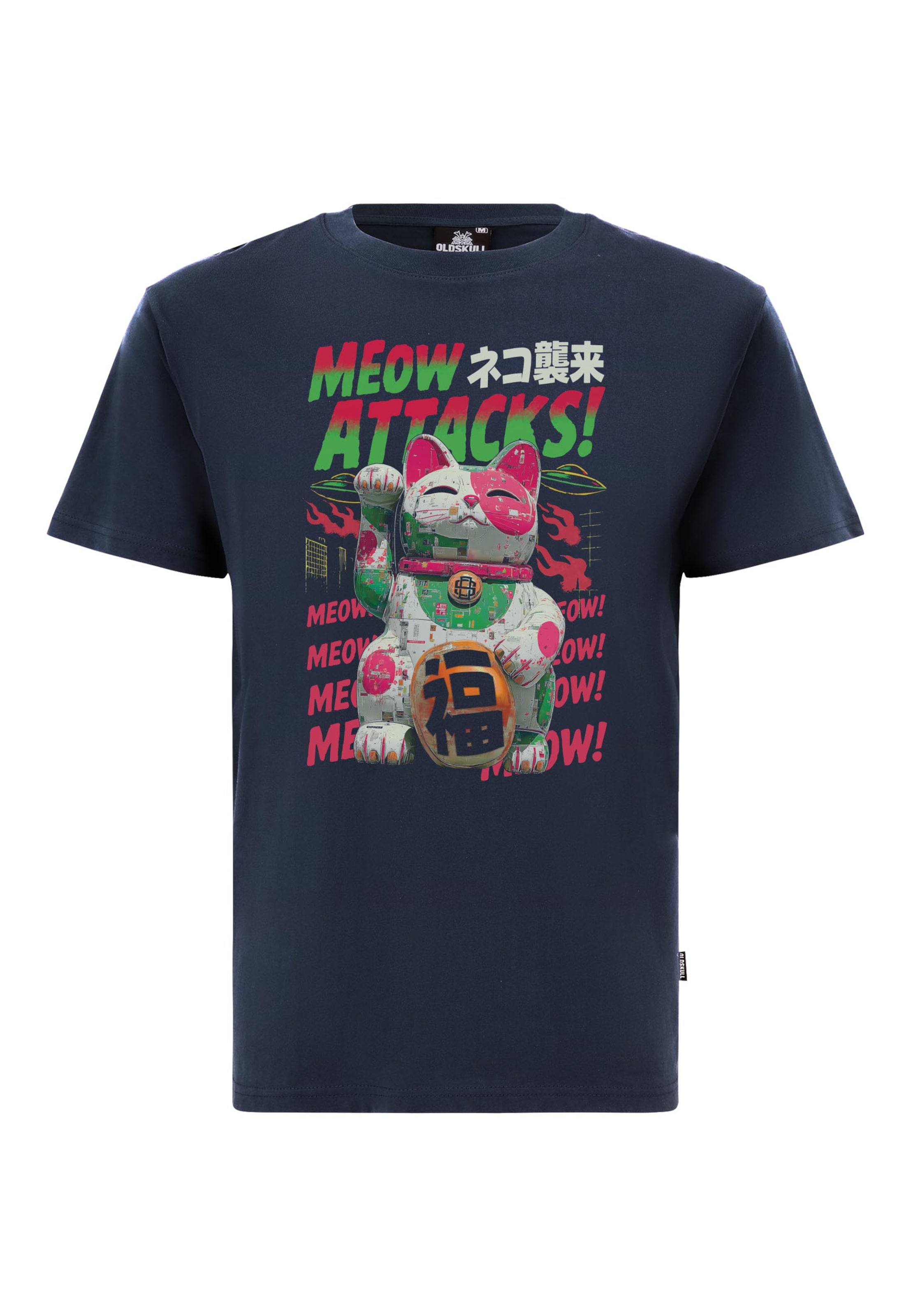 Oldskull Shirt 'Asian Lucky Cat Attack Graphic' in Blue: front