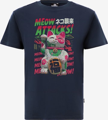 Oldskull Shirt 'Asian Lucky Cat Attack Graphic' in Blauw: voorkant