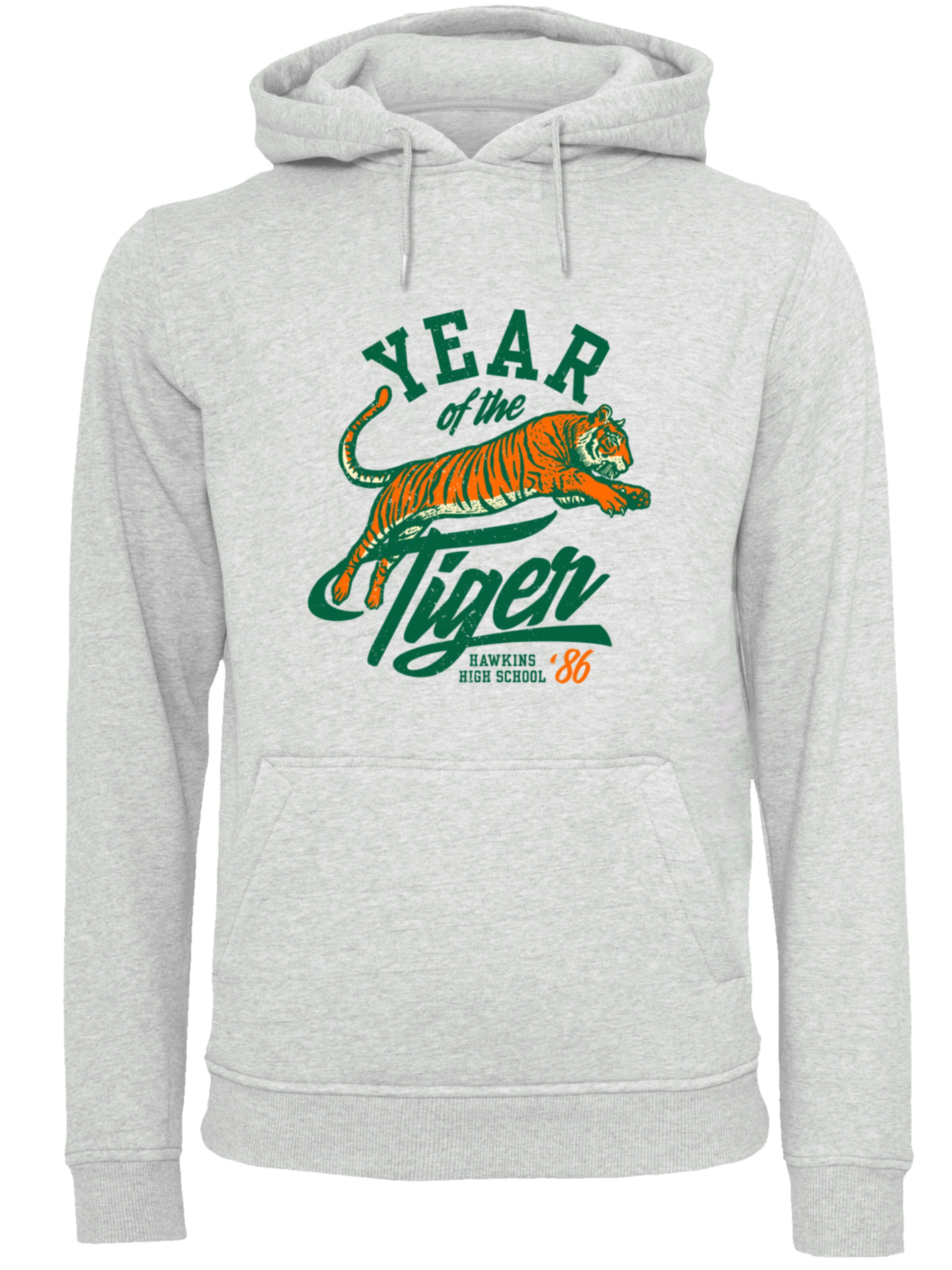 F4NT4STIC Sweatshirt 'Stranger Things Hawkins Year of The Tiger 86 Netflix TV Series' in Grijs: voorkant