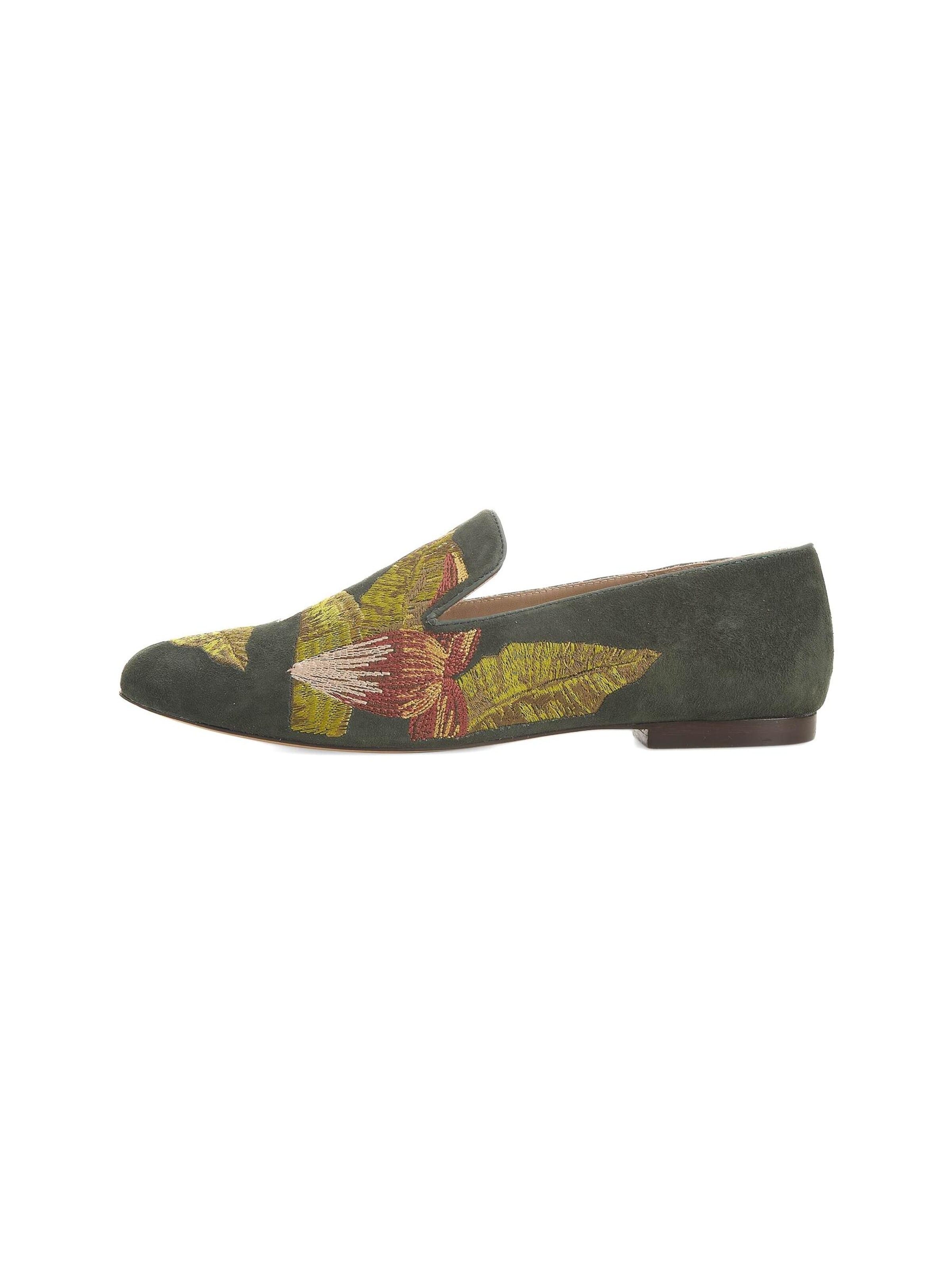 Mangara Atelier Moccasin 'Canela Damen Loafer Wildleder Grün Handbestickт Flach' in Green: front