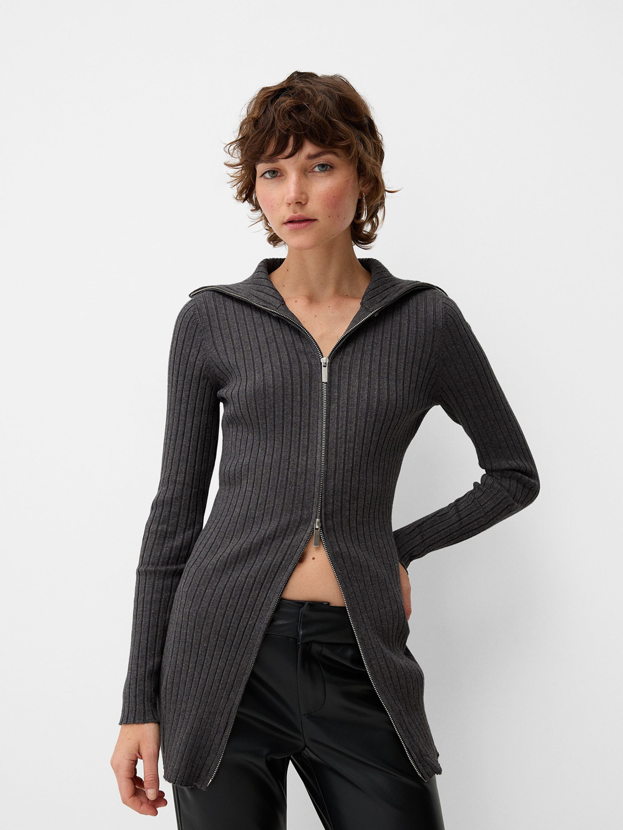 Bershka ダークグレー ニット Bershka bardot zip front cable knit sweater in gray | ASOS