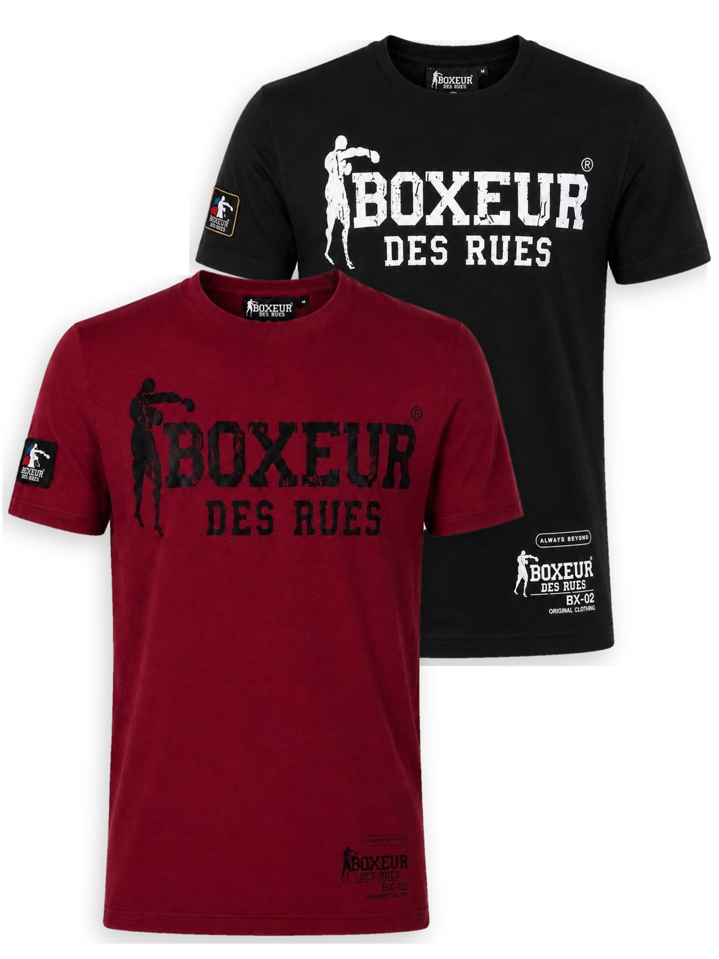 Boxeur des Rues - Camiseta 'Herren T-Shirt 2er-Pack Boxeur des Rues Slim Fit: Bordeaux, Schwarzes Logo + Schwarz, Weißes Logo' en Mezcla de colores: frente