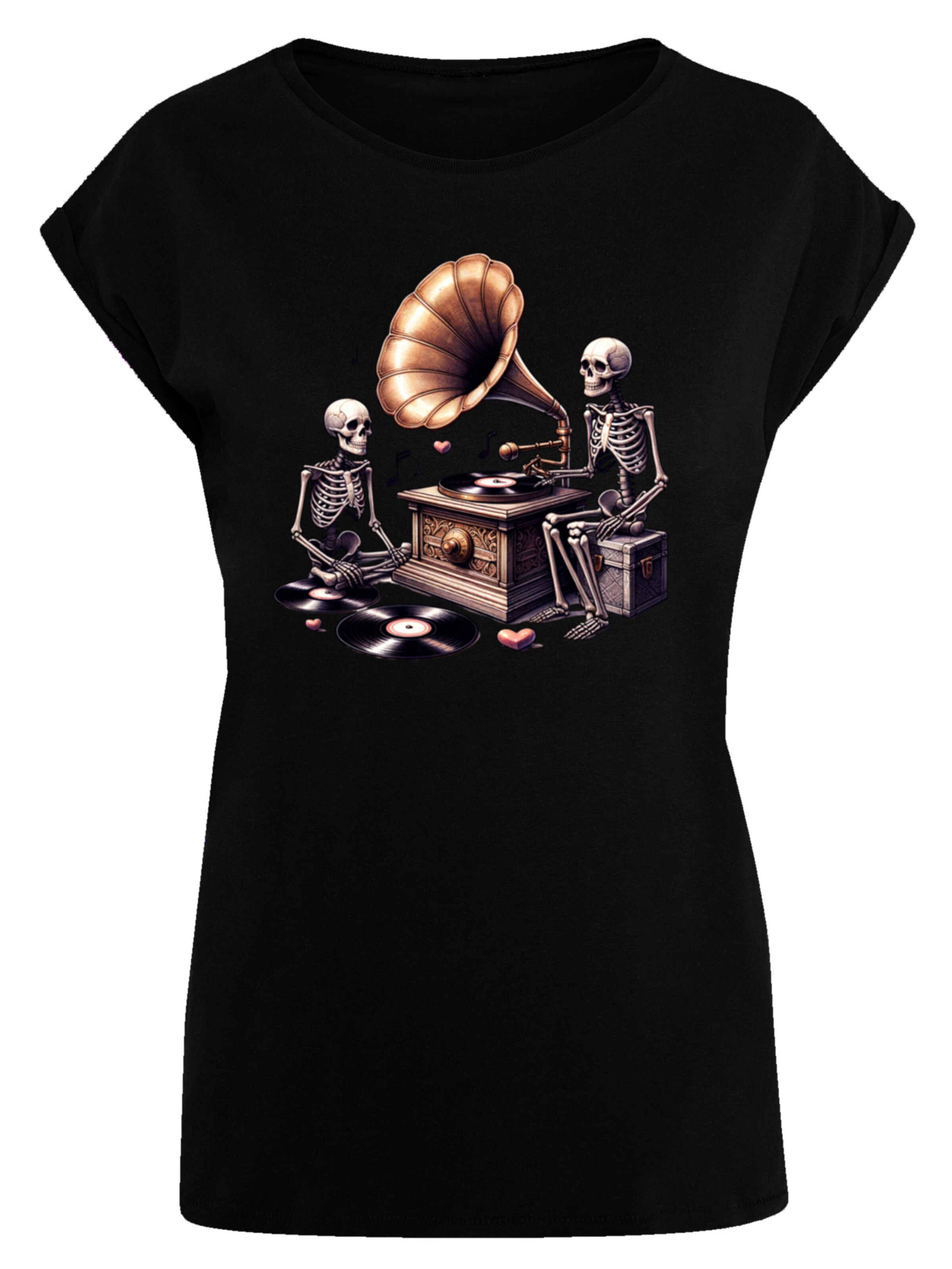 F4NT4STIC T-Shirt 'Gothic Skeleton Vintage Vinyl Plattenspieler' in Schwarz: Vorderseite