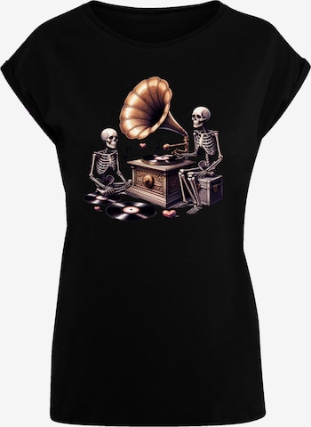 F4NT4STIC T-Shirt 'Gothic Skeleton Vintage Vinyl Plattenspieler' in Schwarz: Vorderseite