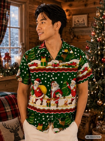 King Kameha Regular fit Skjorta 'Christmas Border Print' i grön