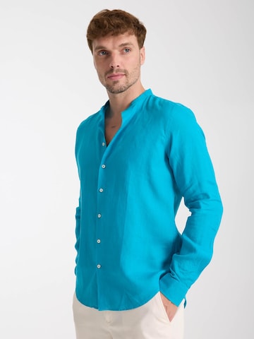 7Camicie Slim fit Zakelijk overhemd 'Caravaggio Linen Man Shirt Green' in Blauw