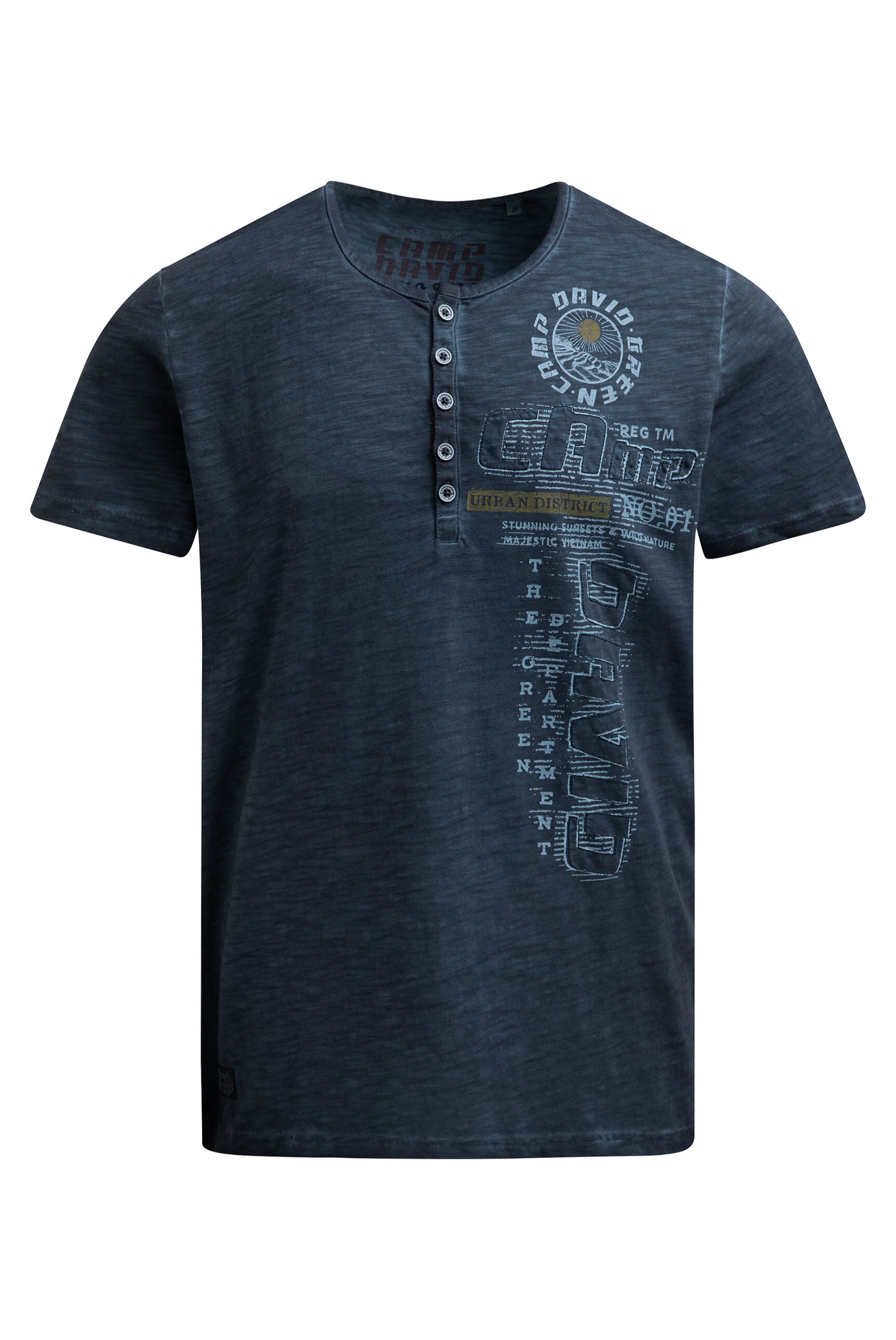 CAMP DAVID Henley-T-Shirt mit Print und Stickereien in Blau: Vorderseite
