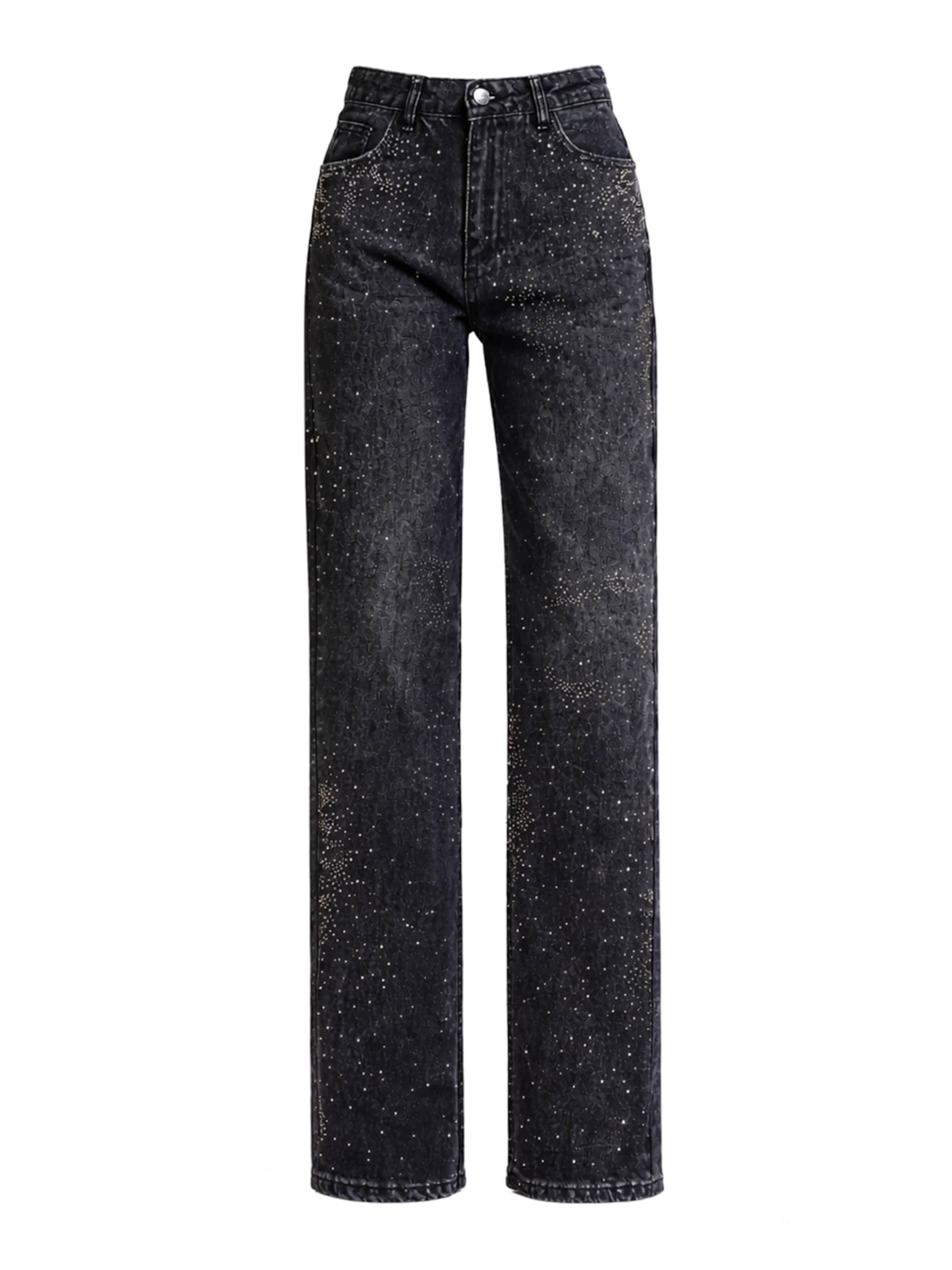 IT'S BASIC Regular Jeans 'RHINESTONE STRAIGHT MID RISE JEANS' in Zwart: voorkant