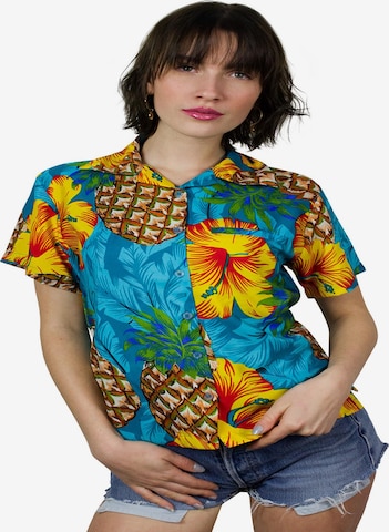 King Kameha Bluse 'Pineapple Hibiscus' in Blau: Vorderseite