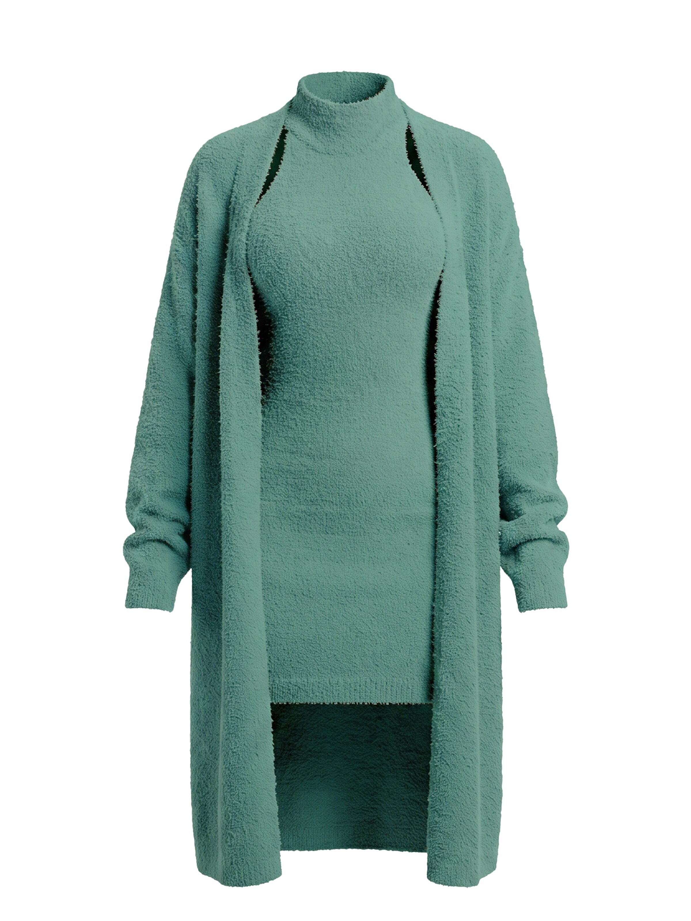 zytzrzy Loungewear 'Fuzzy Maternity 2‑Piece Set, Cutout Neck Dress & Knit Cardigan' in Green: front