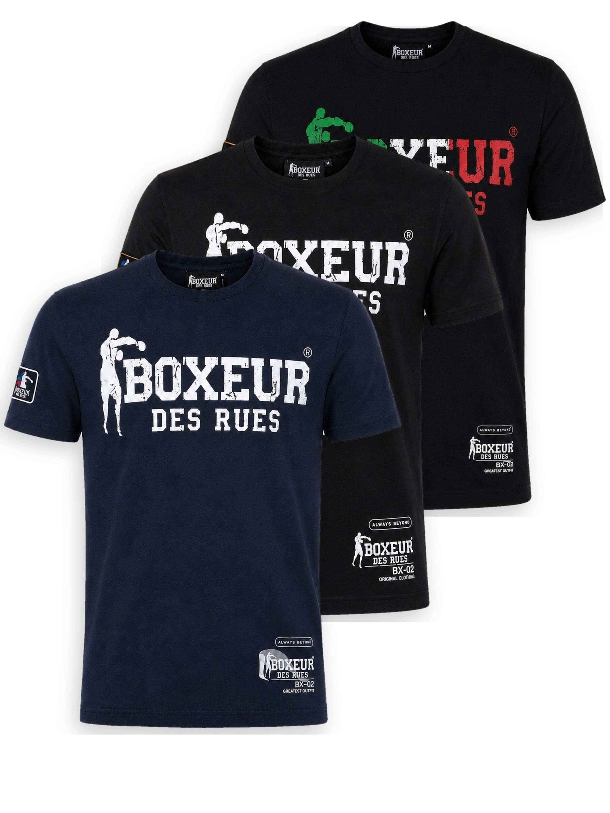 Boxeur des Rues Shirt 'Herren T-Shirt 3er-Pack Boxeur des Rues Slim Fit: Marineblau + Schwarz, Weißes Logo + Schwarz, Dreifarbiges Logo' in Mixed colors: front